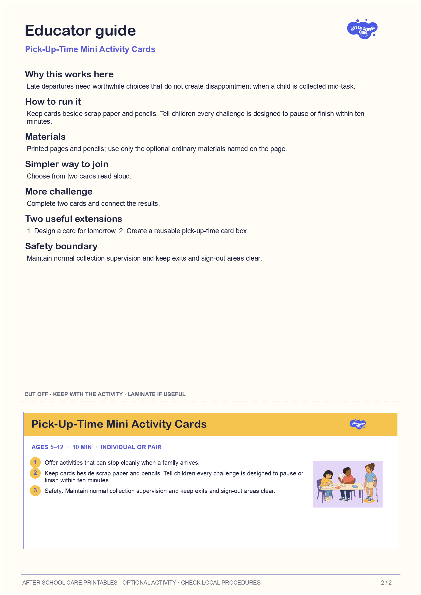 Pick-Up-Time Mini Activity Cards educator guide and quick-reference card preview