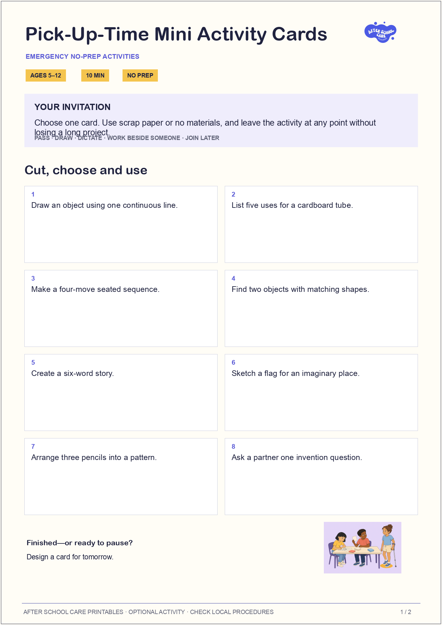 Pick-Up-Time Mini Activity Cards child-facing activity page preview