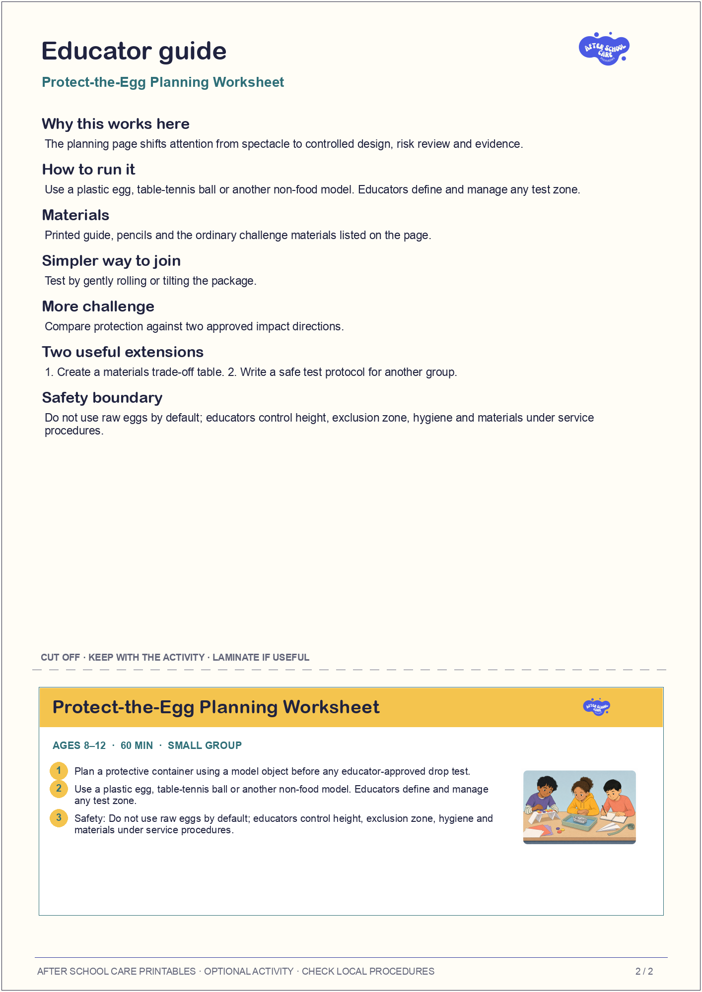 Protect-the-Egg Planning Worksheet educator guide and quick-reference card preview