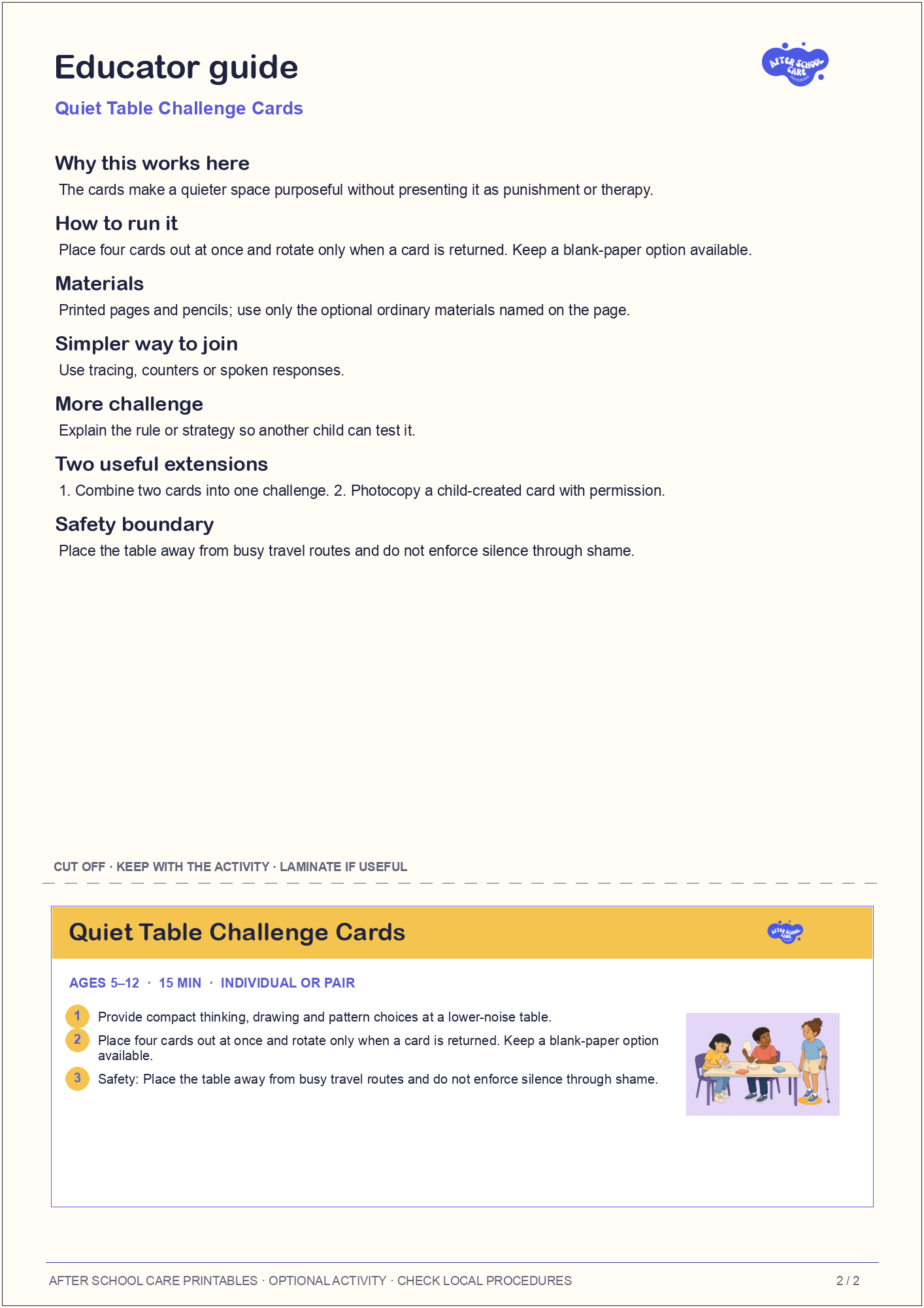 Quiet Table Challenge Cards educator guide and quick-reference card preview