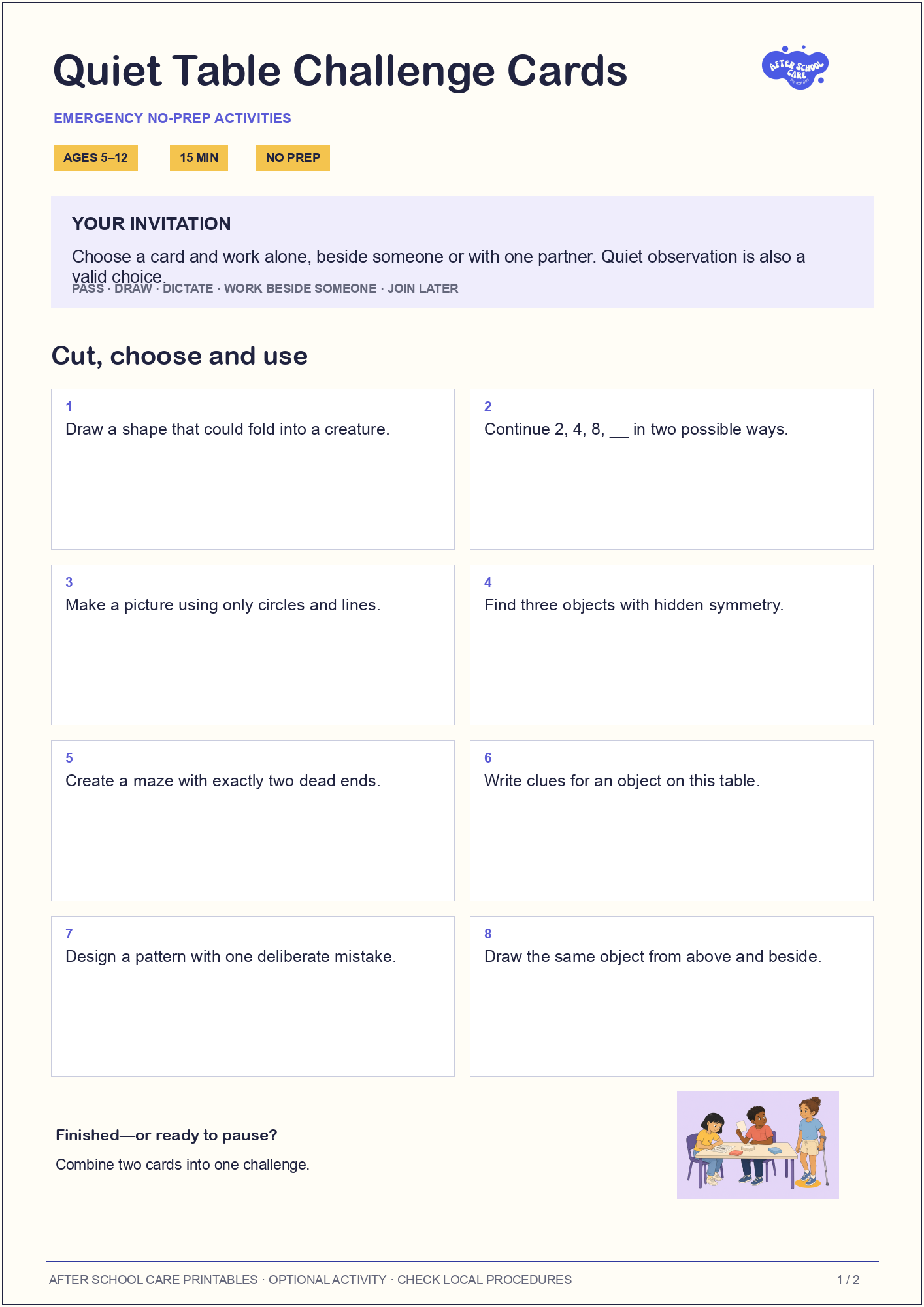 Quiet Table Challenge Cards child-facing activity page preview
