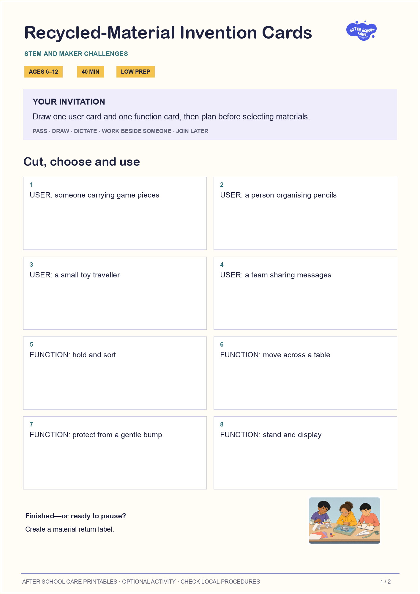 Recycled-Material Invention Cards child-facing activity page preview