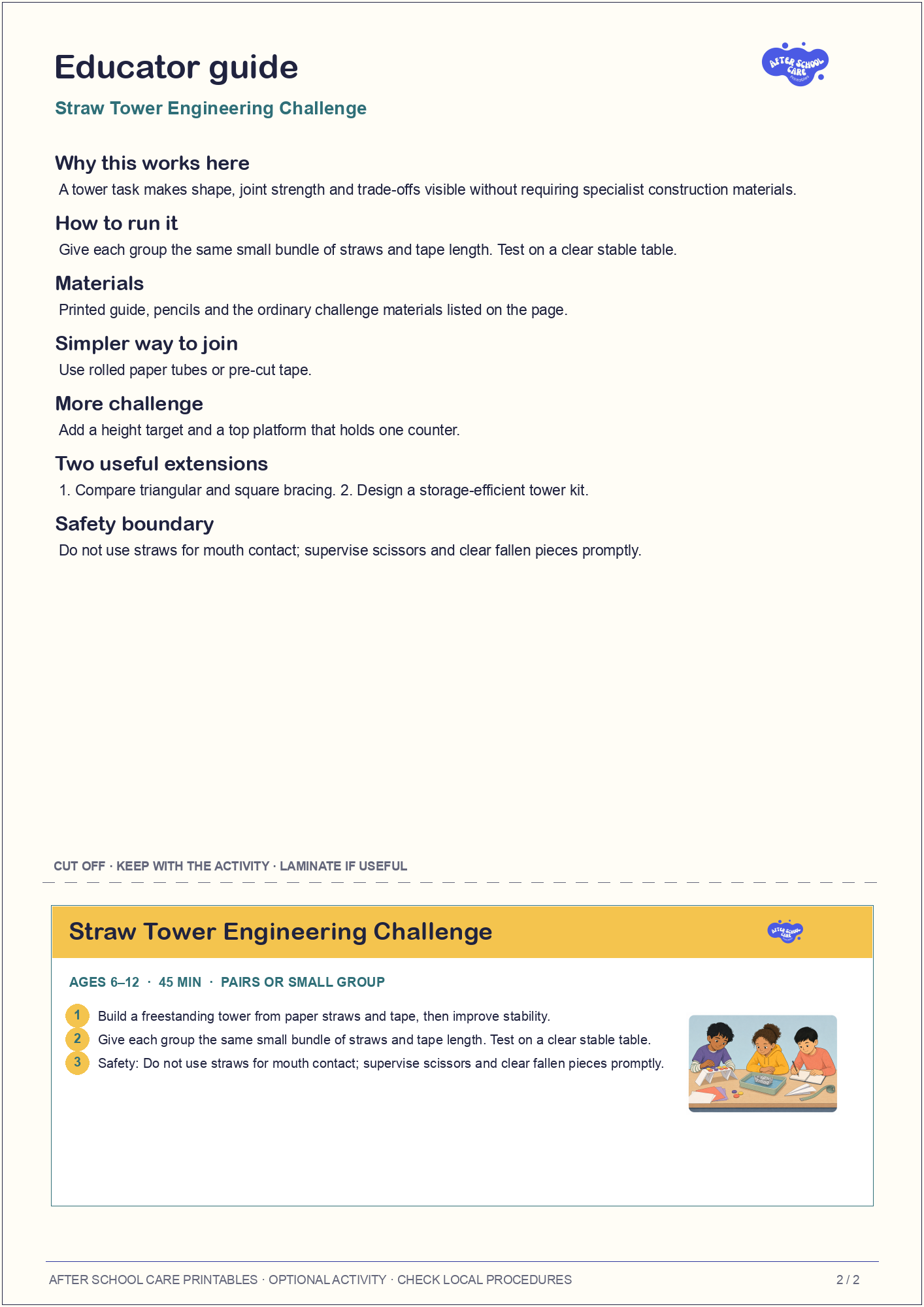 Straw Tower Engineering Challenge educator guide and quick-reference card preview