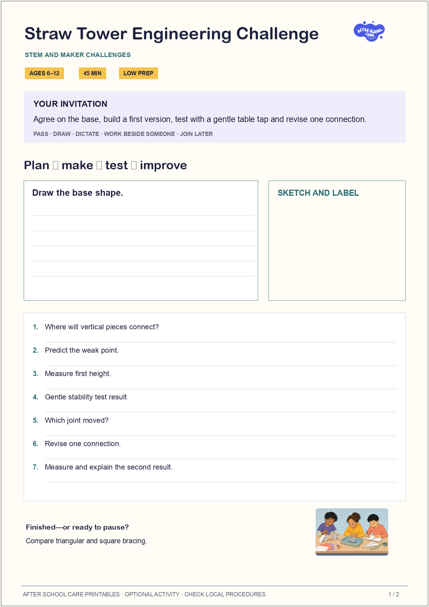 Straw Tower Engineering Challenge child-facing activity page preview