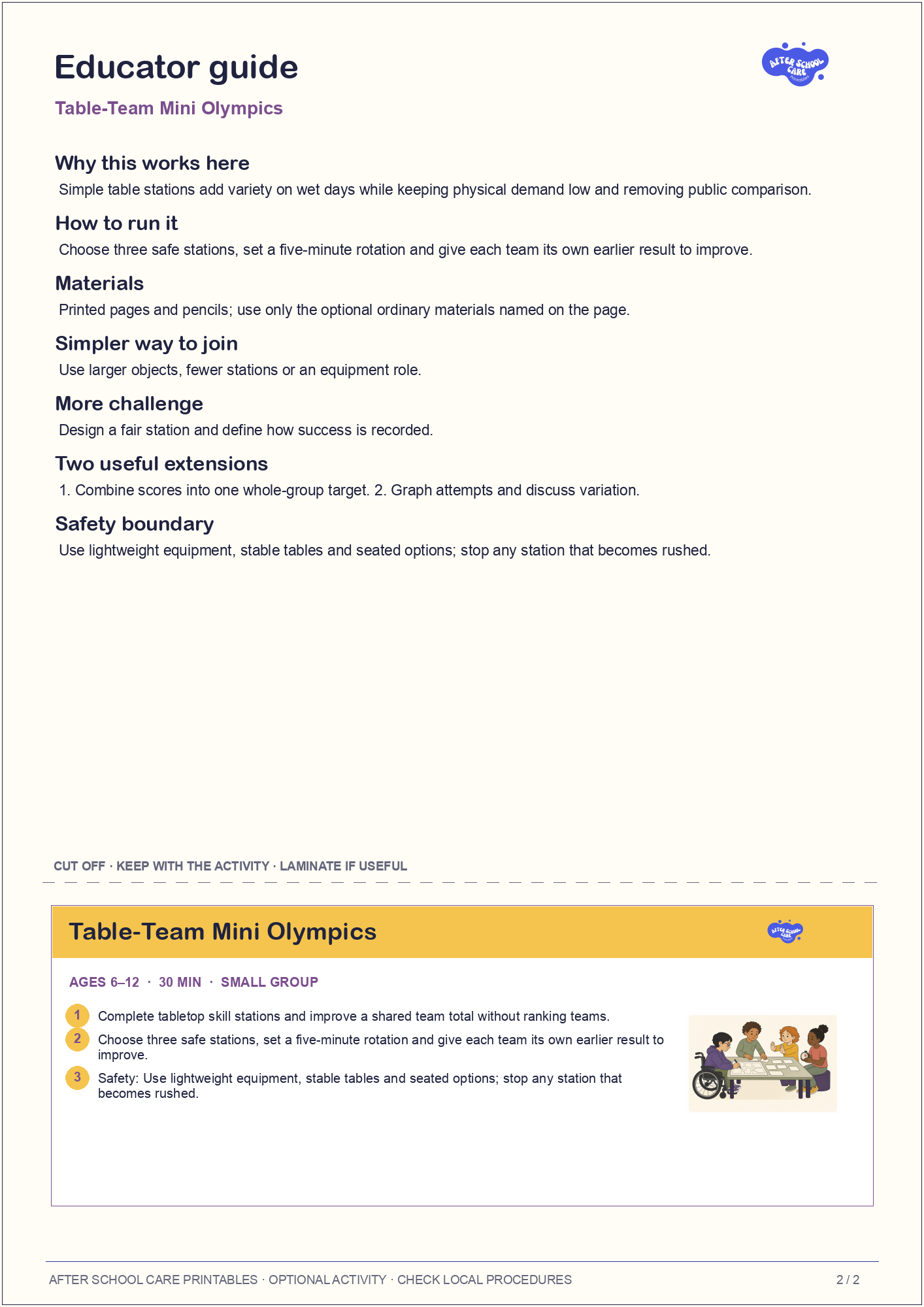 Table-Team Mini Olympics educator guide and quick-reference card preview