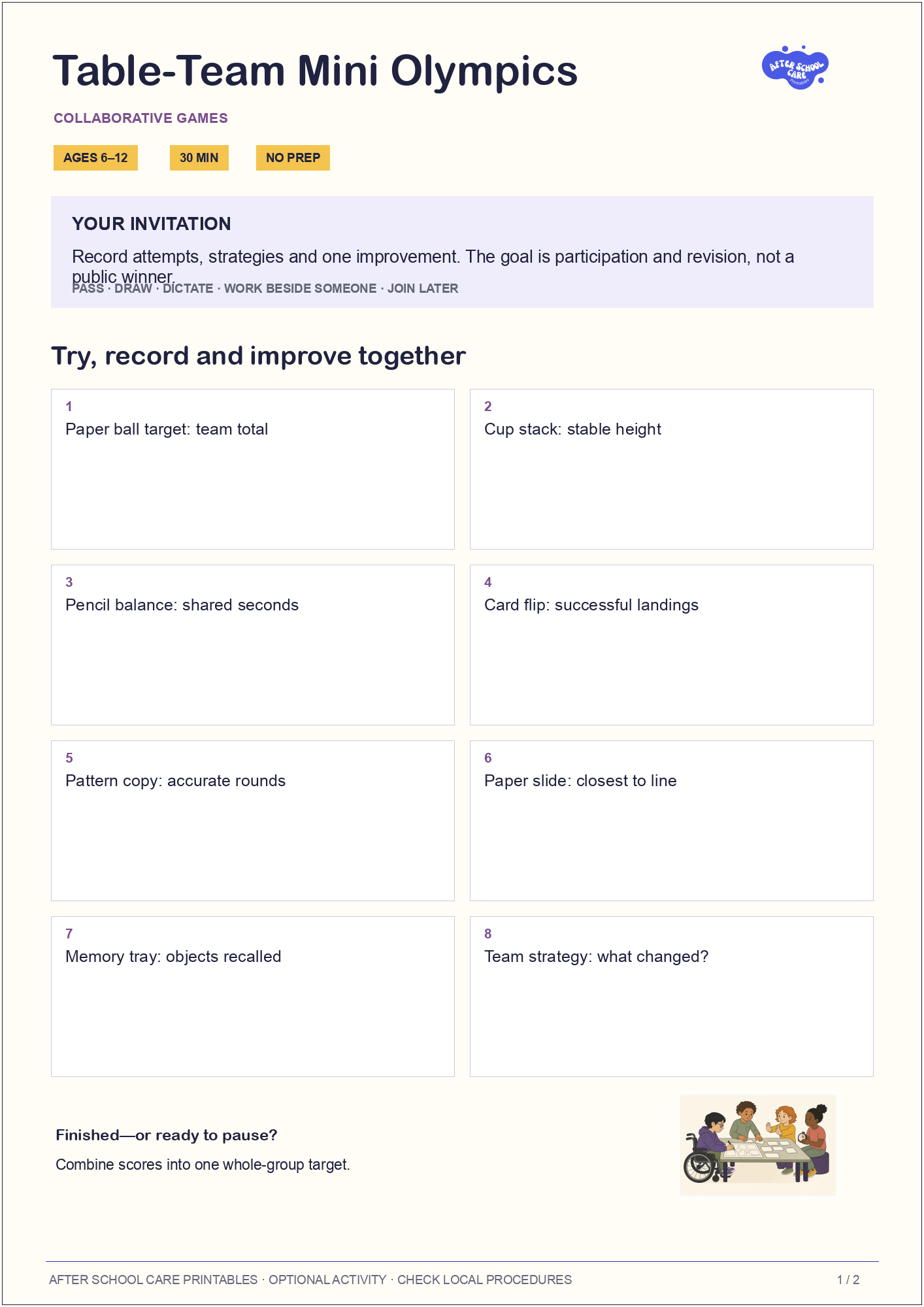 Table-Team Mini Olympics child-facing activity page preview