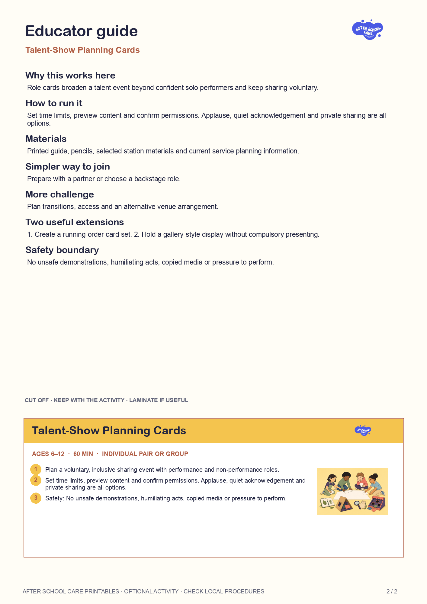 Talent-Show Planning Cards educator guide and quick-reference card preview