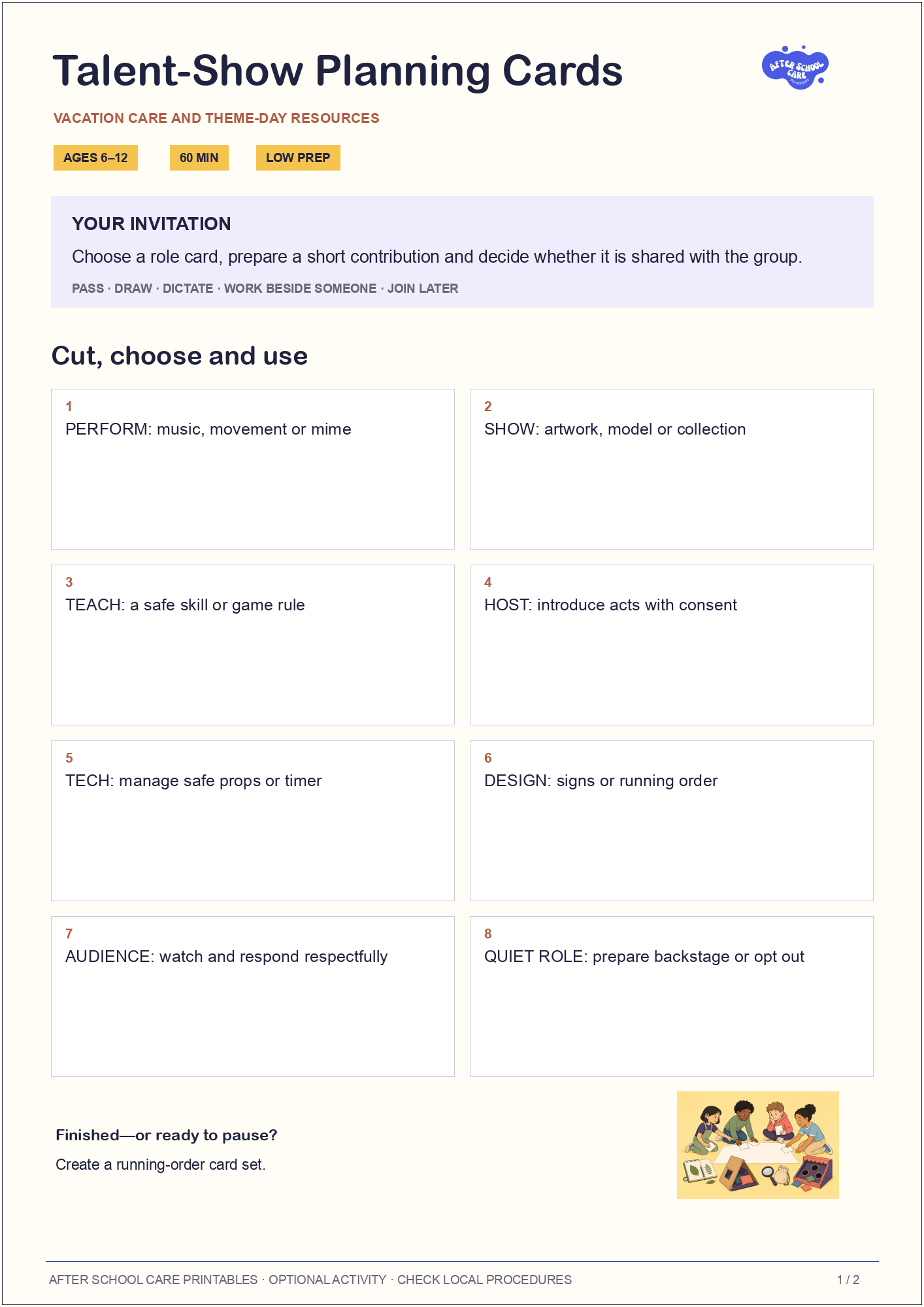 Talent-Show Planning Cards child-facing activity page preview