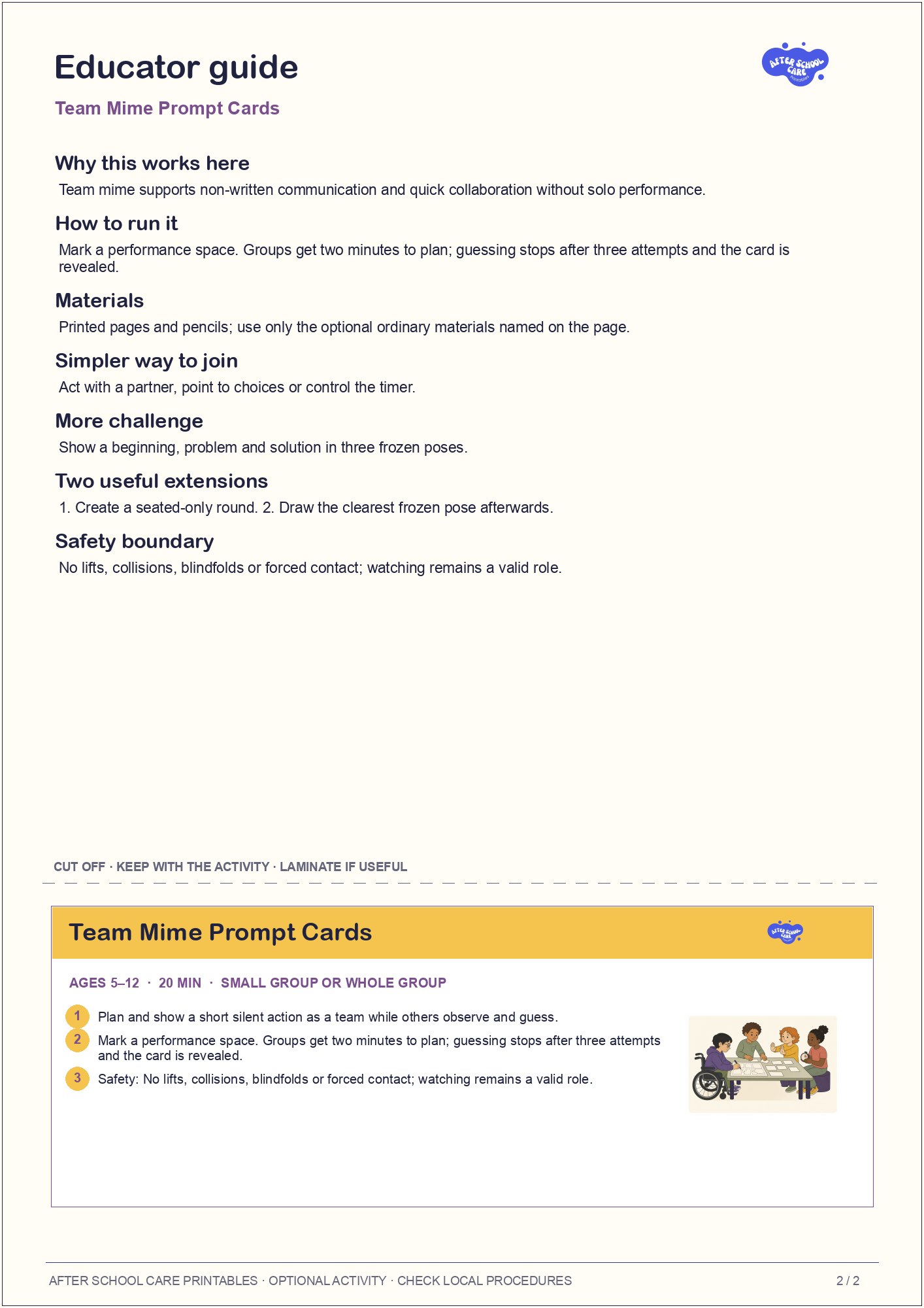 Team Mime Prompt Cards educator guide and quick-reference card preview