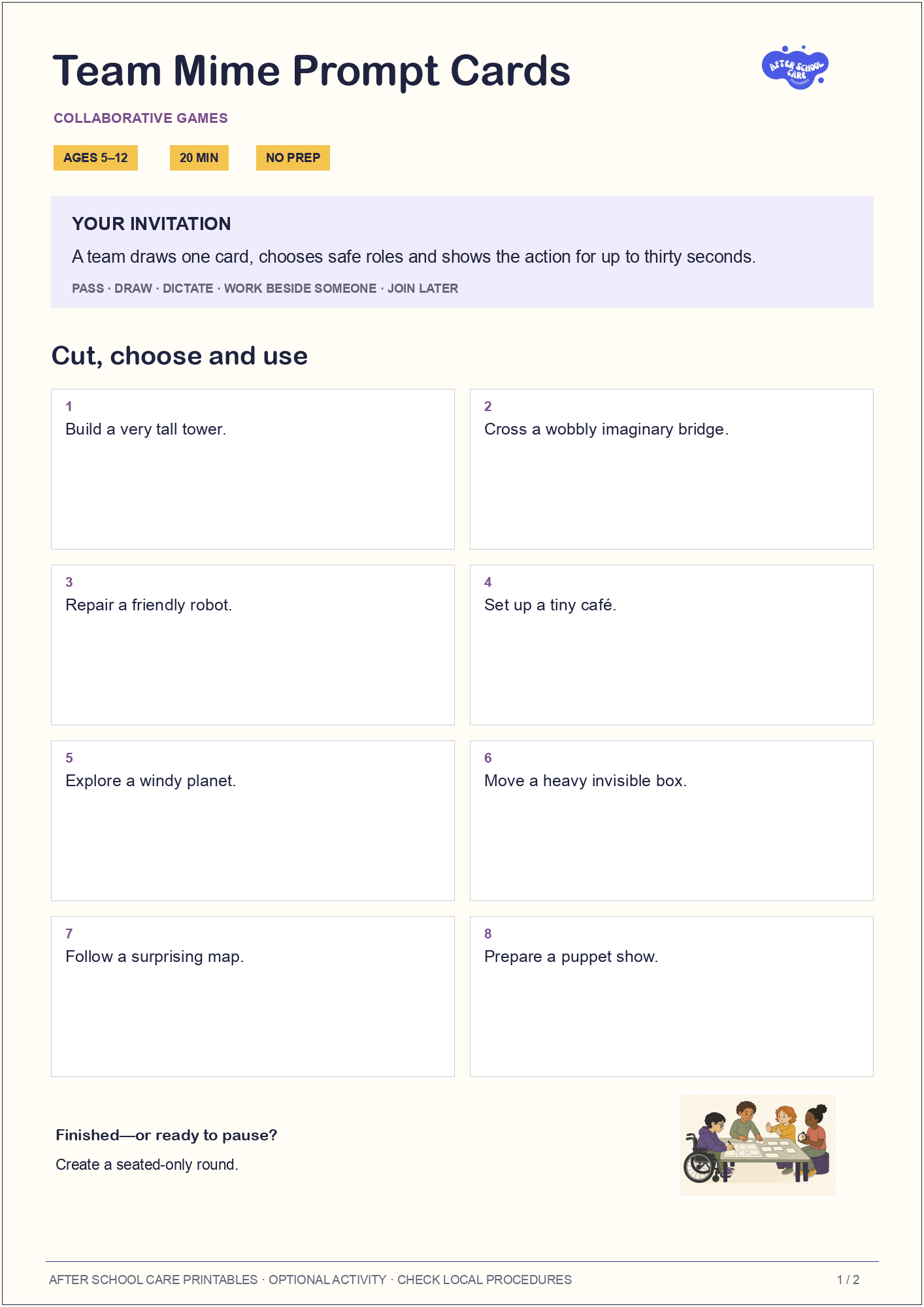 Team Mime Prompt Cards child-facing activity page preview