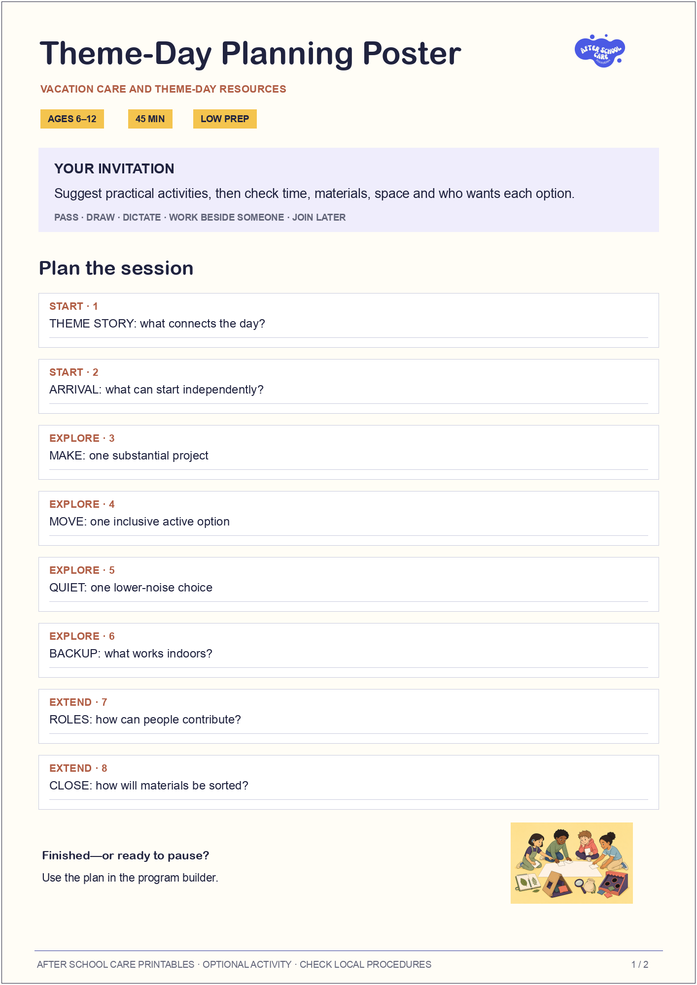 Theme-Day Planning Poster child-facing activity page preview