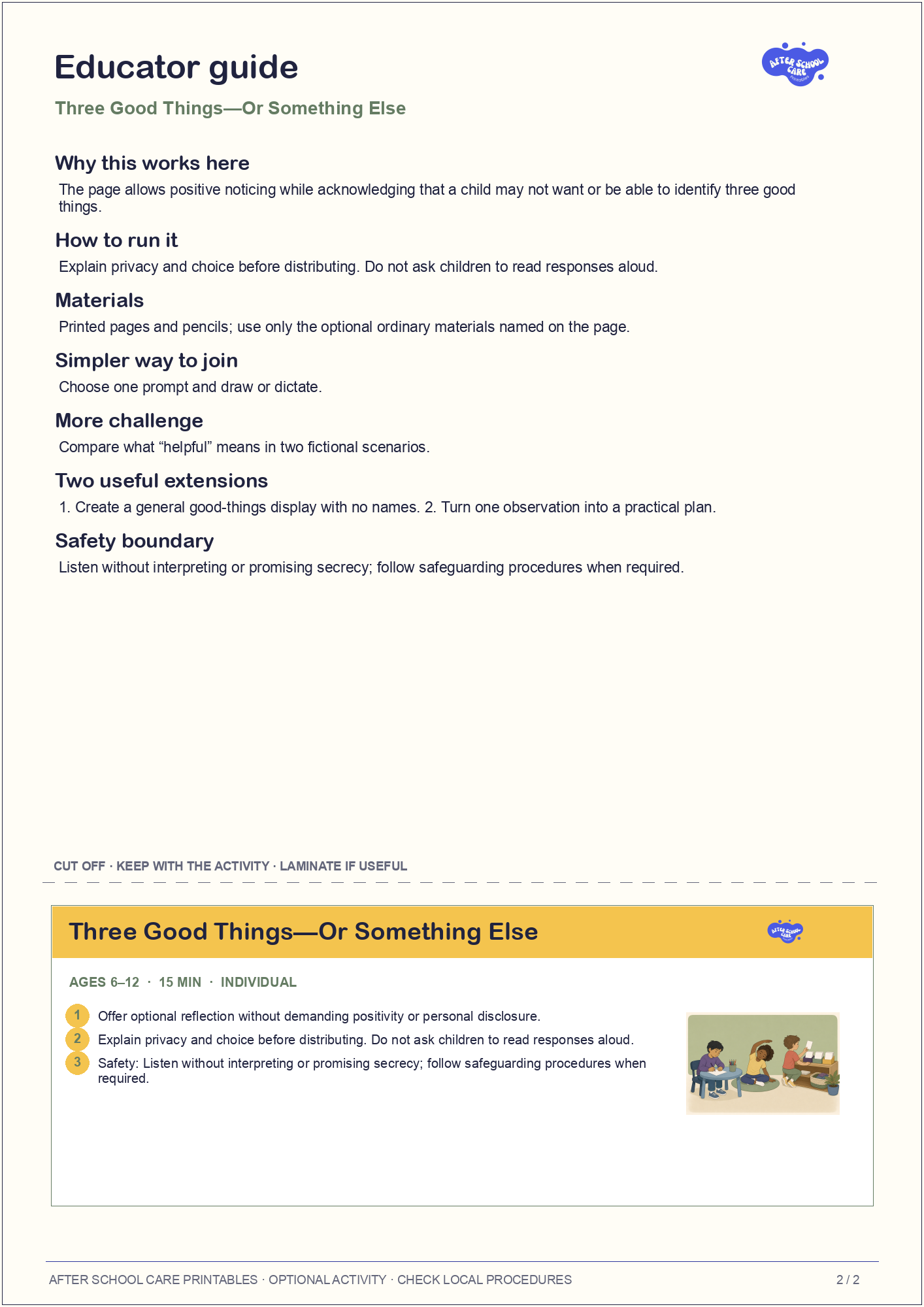 Three Good Things—Or Something Else educator guide and quick-reference card preview