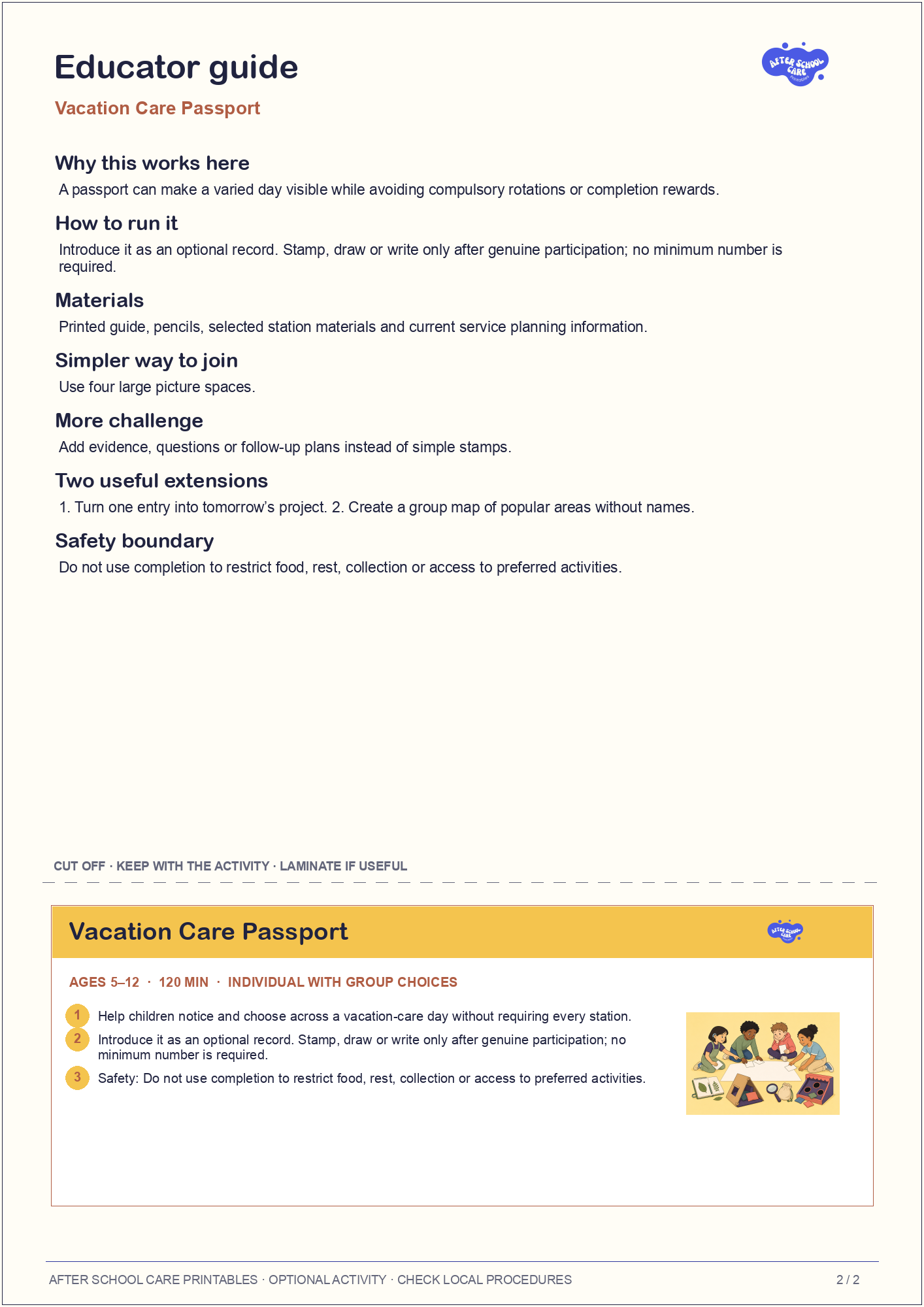 Vacation Care Passport educator guide and quick-reference card preview