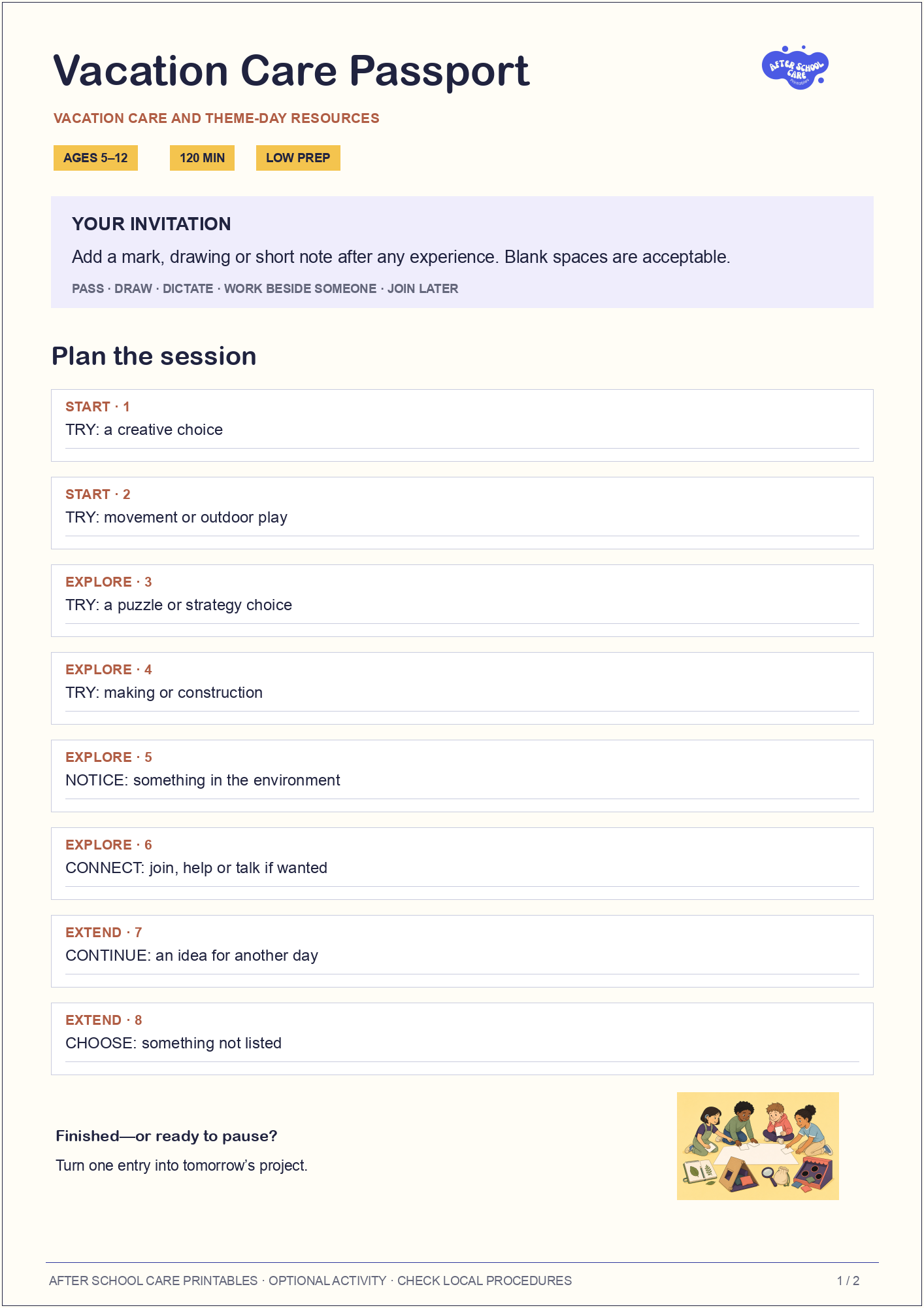 Vacation Care Passport child-facing activity page preview