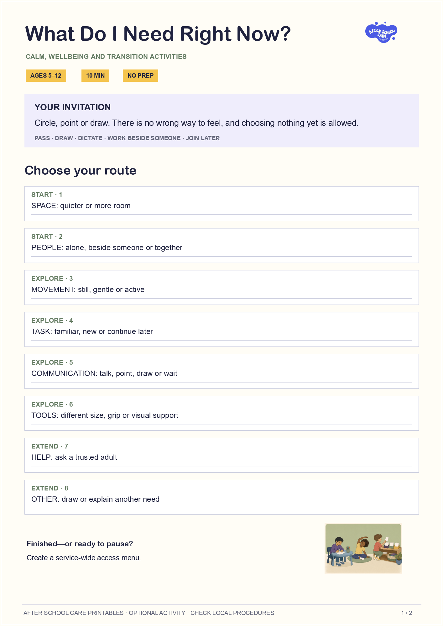 What Do I Need Right Now? child-facing activity page preview