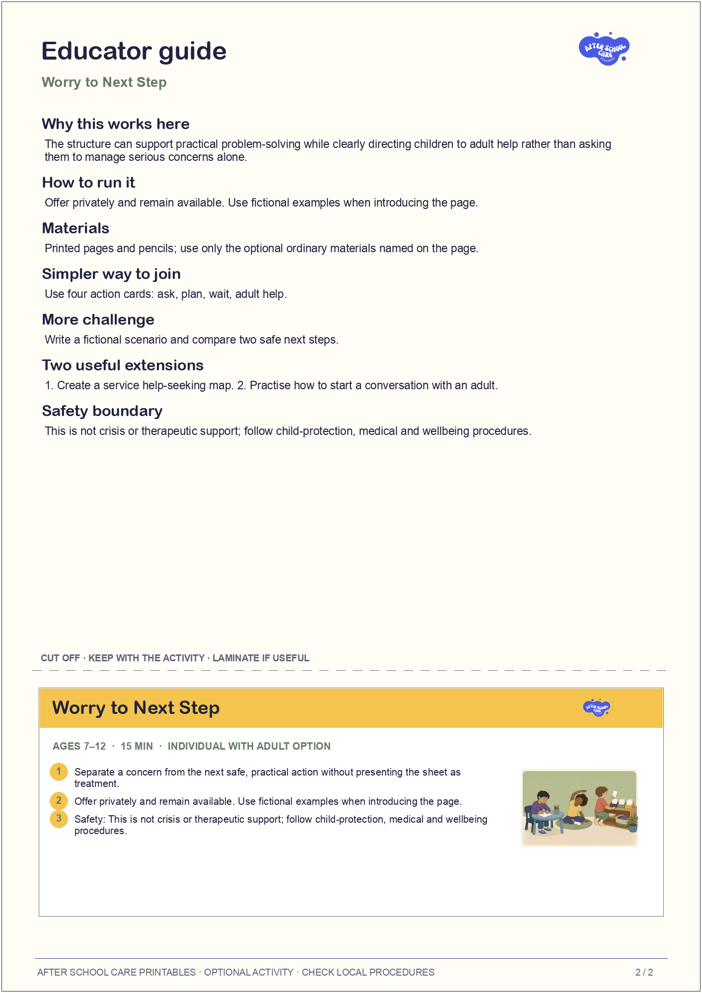 Worry to Next Step educator guide and quick-reference card preview