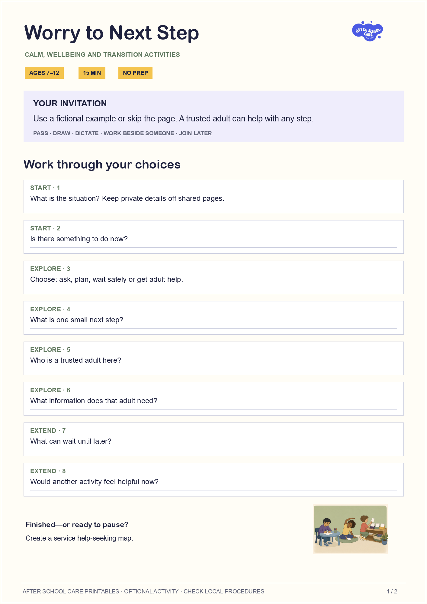 Worry to Next Step child-facing activity page preview