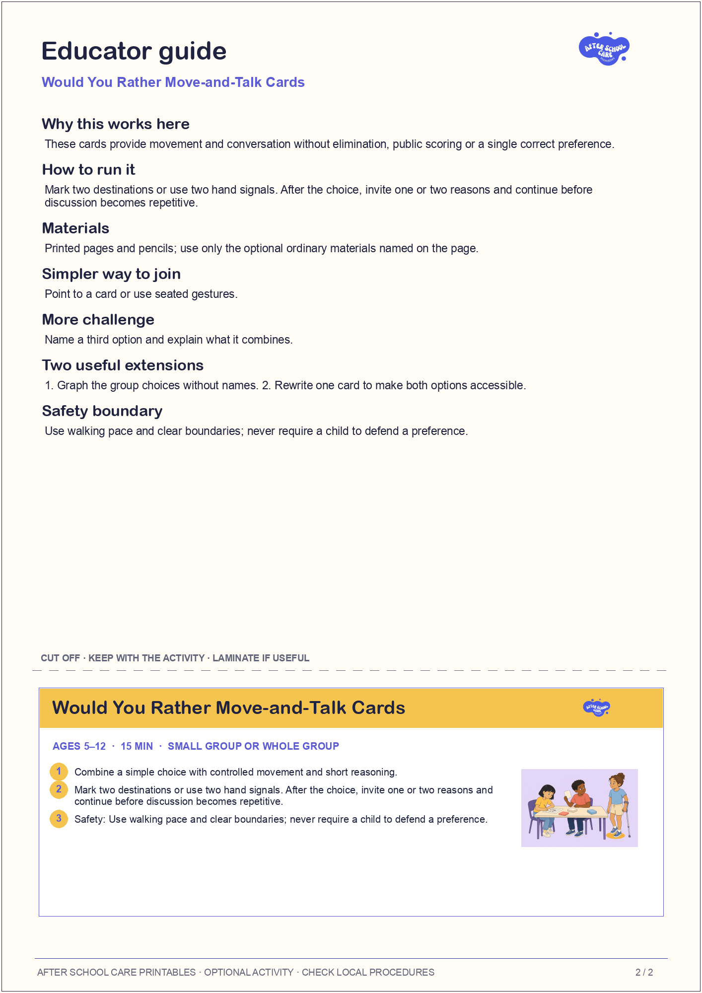 Would You Rather Move-and-Talk Cards educator guide and quick-reference card preview