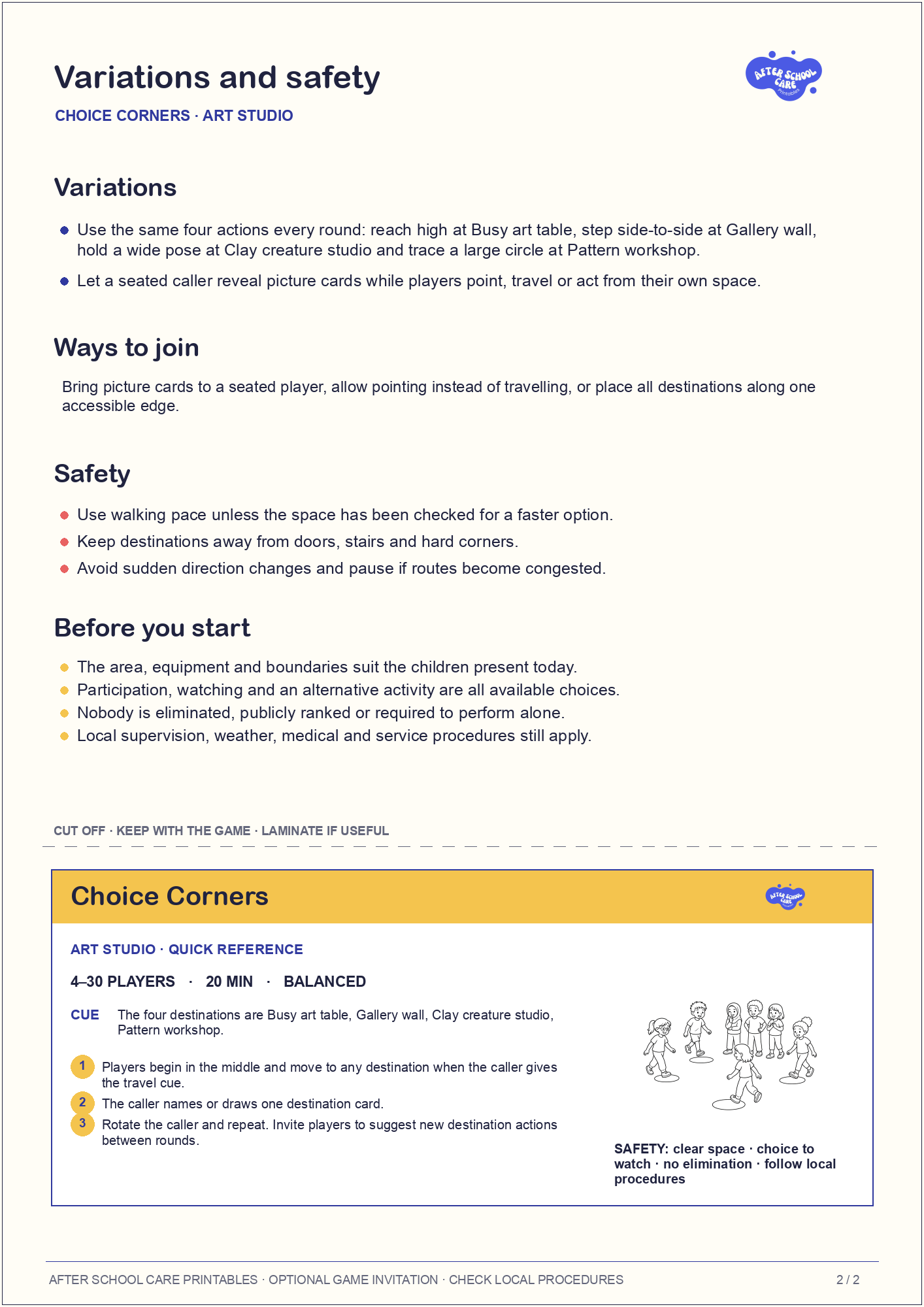 Choice Corners – Art Studio Printable Game variations and safety page preview