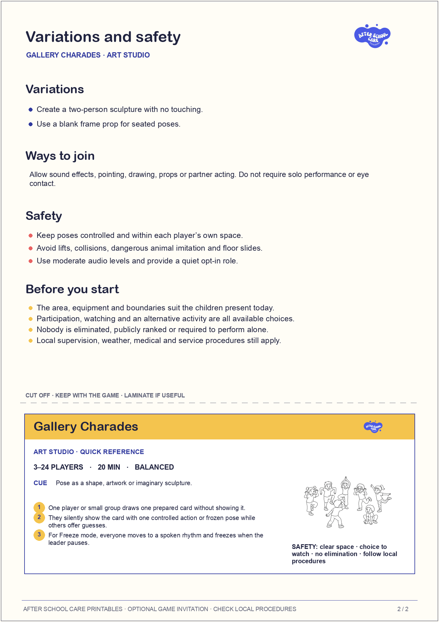 Gallery Charades – Art Studio Printable Game variations and safety page preview