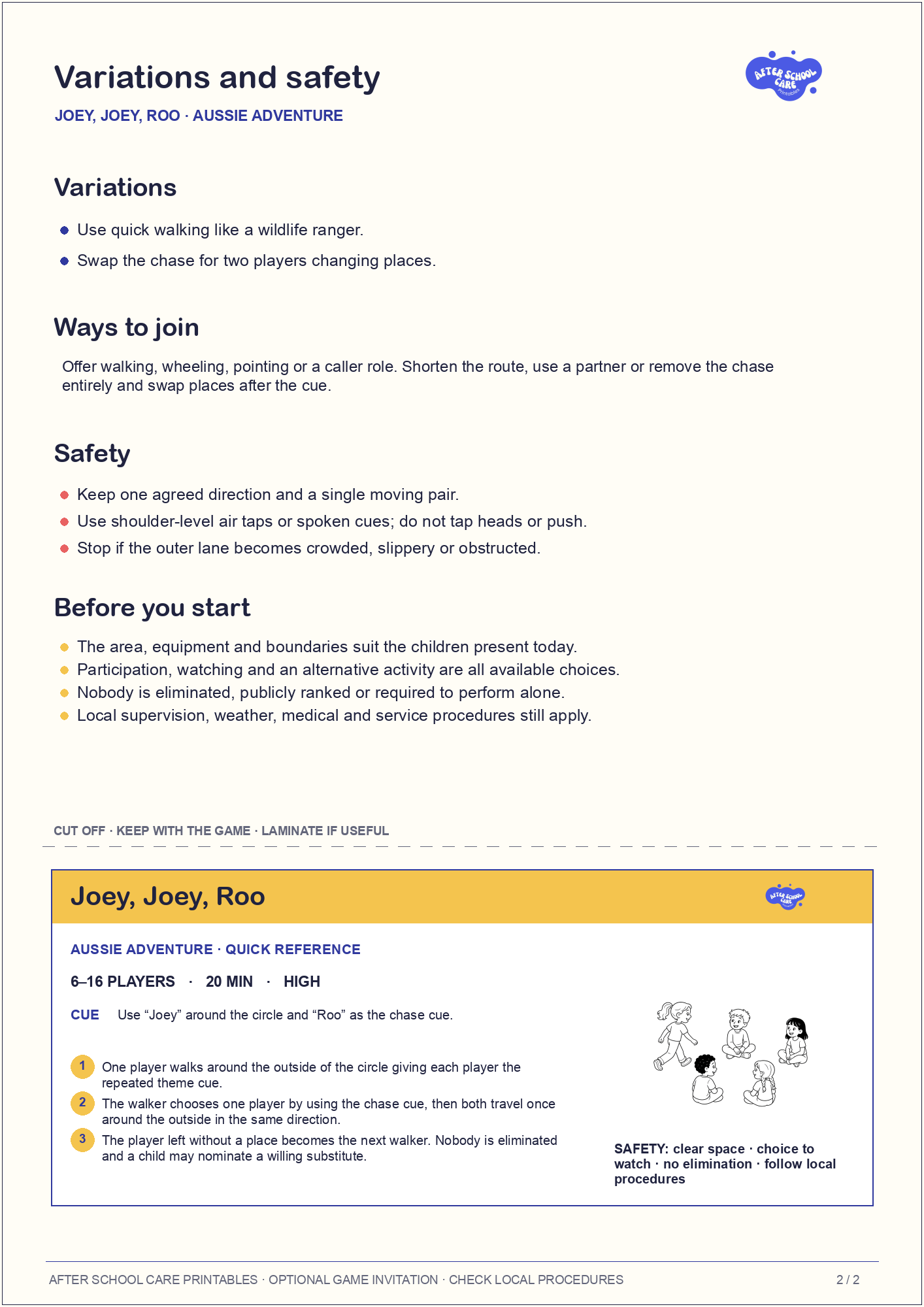 Joey, Joey, Roo – Aussie Adventure Printable Game variations and safety page preview