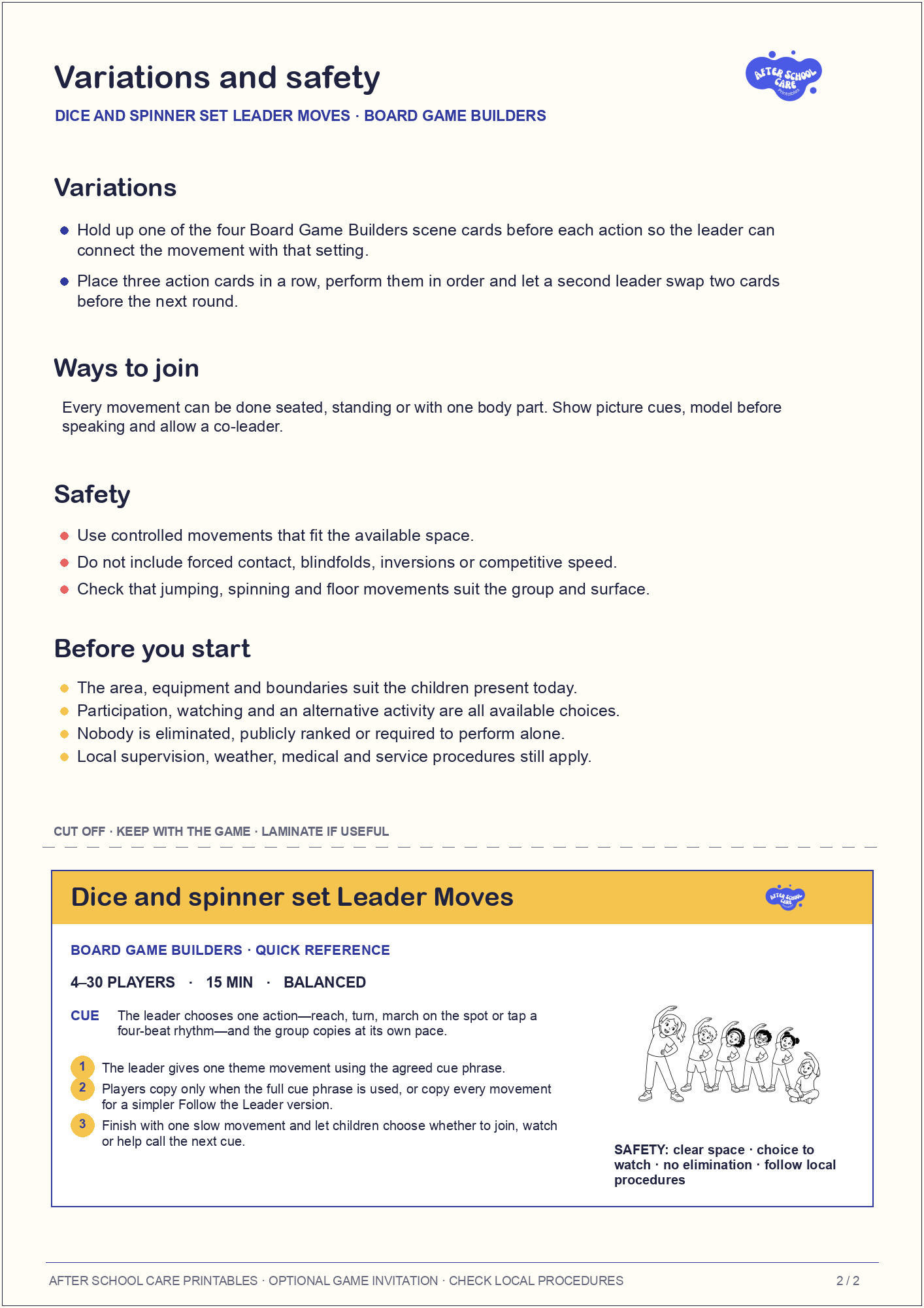 Dice and spinner set Leader Moves – Board Game Builders Printable Game variations and safety page preview