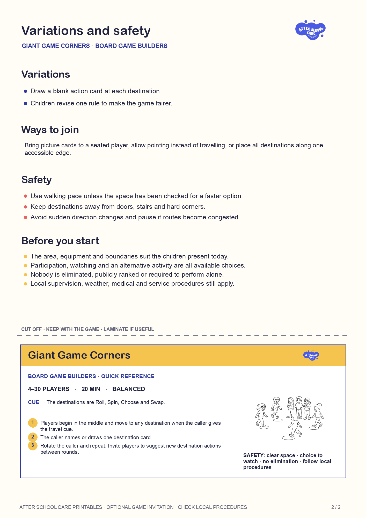 Giant Game Corners – Board Game Builders Printable Game variations and safety page preview