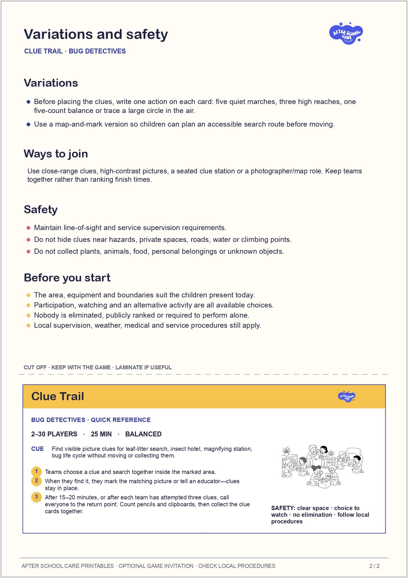Clue Trail – Bug Detectives Printable Game variations and safety page preview