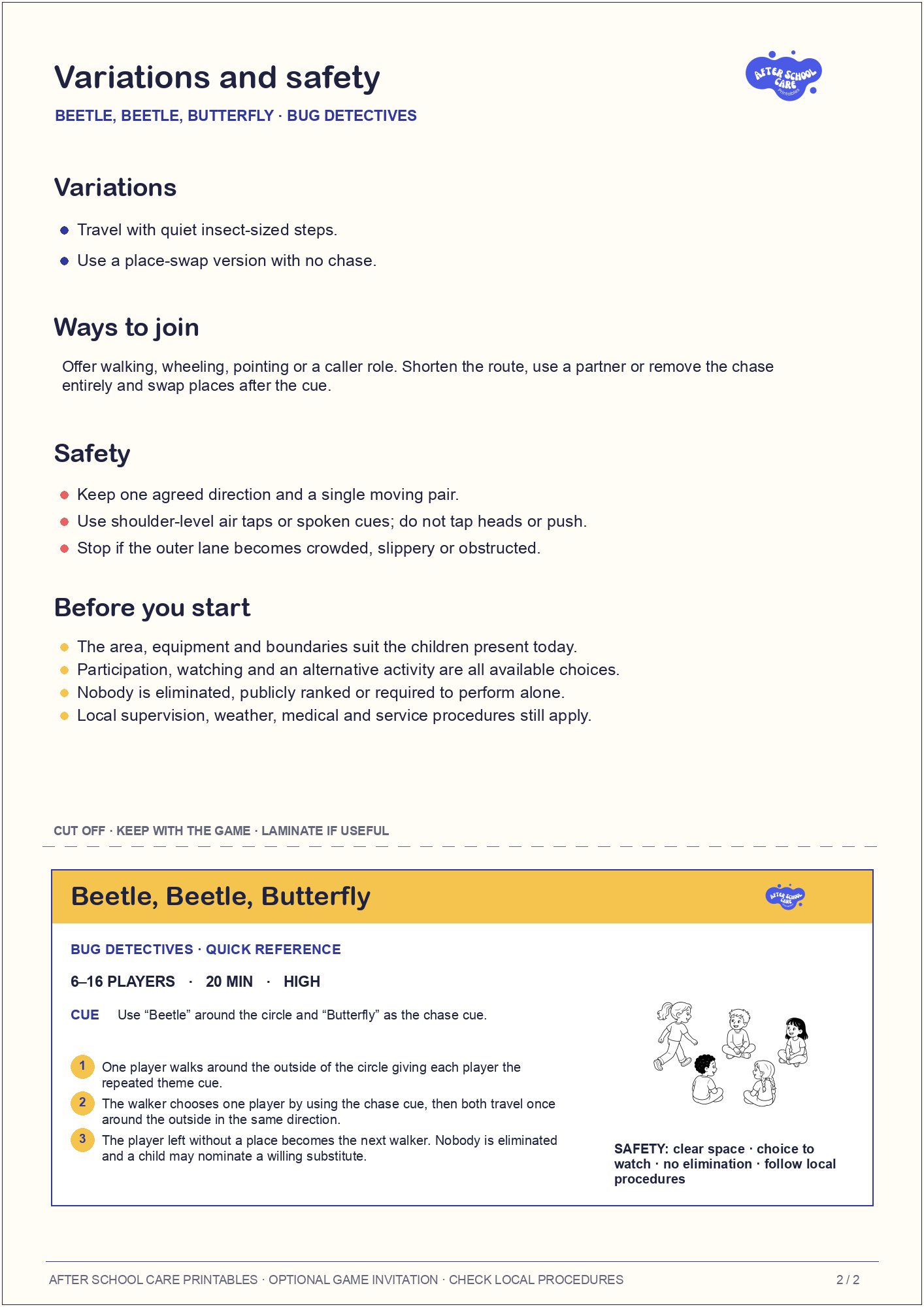 Beetle, Beetle, Butterfly – Bug Detectives Printable Game variations and safety page preview