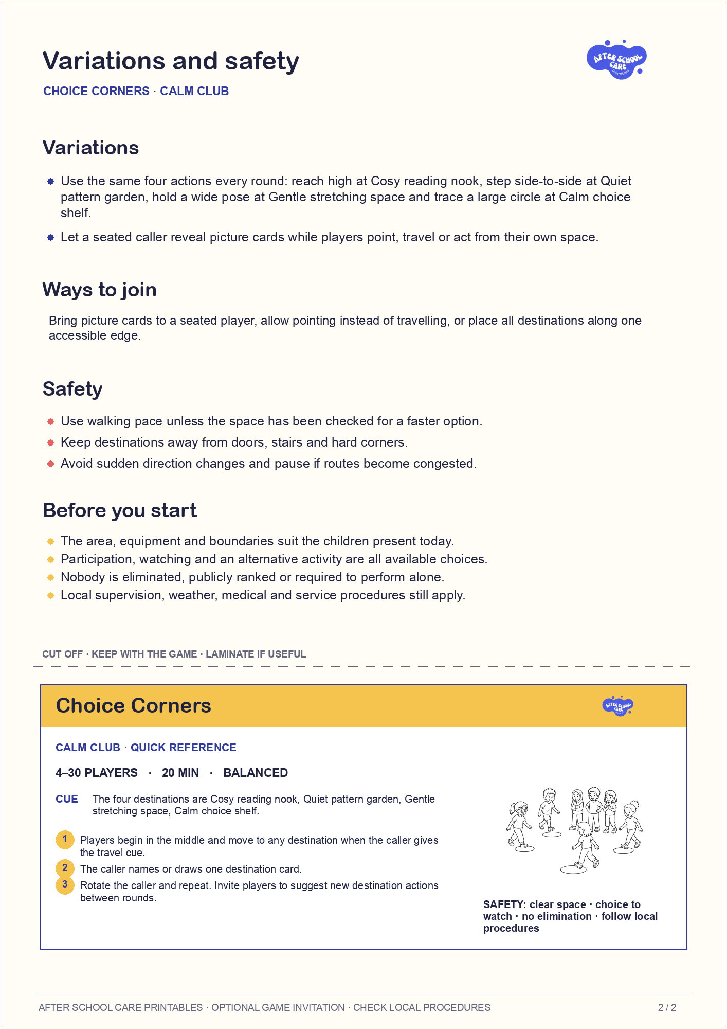 Choice Corners – Calm Club Printable Game variations and safety page preview