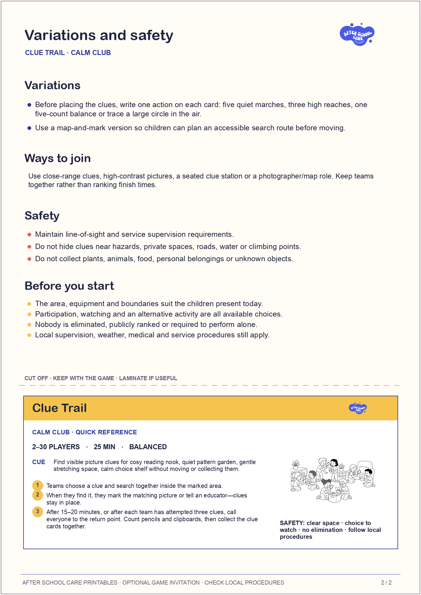 Clue Trail – Calm Club Printable Game variations and safety page preview