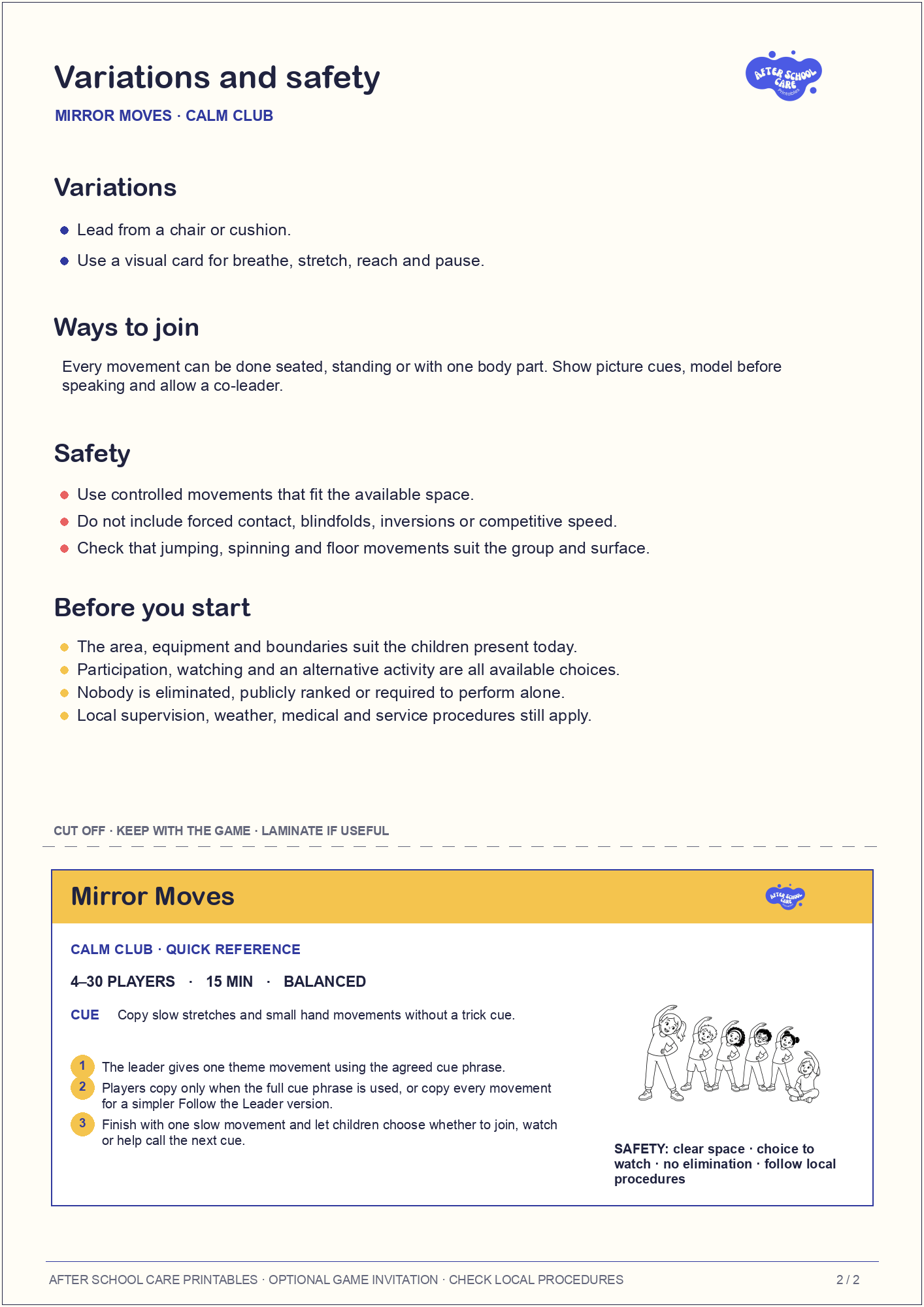 Mirror Moves – Calm Club Printable Game variations and safety page preview