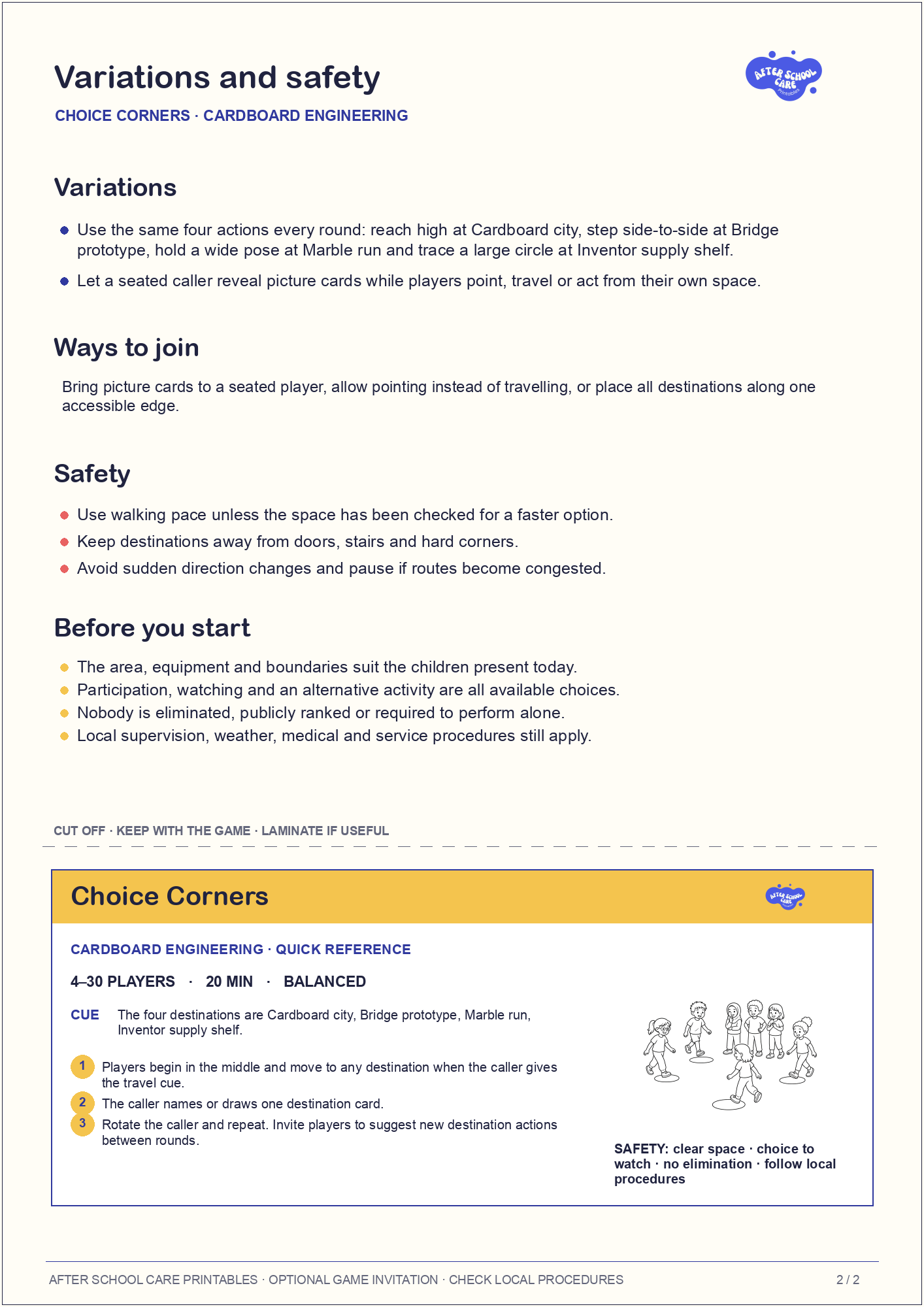 Choice Corners – Cardboard Engineering Printable Game variations and safety page preview