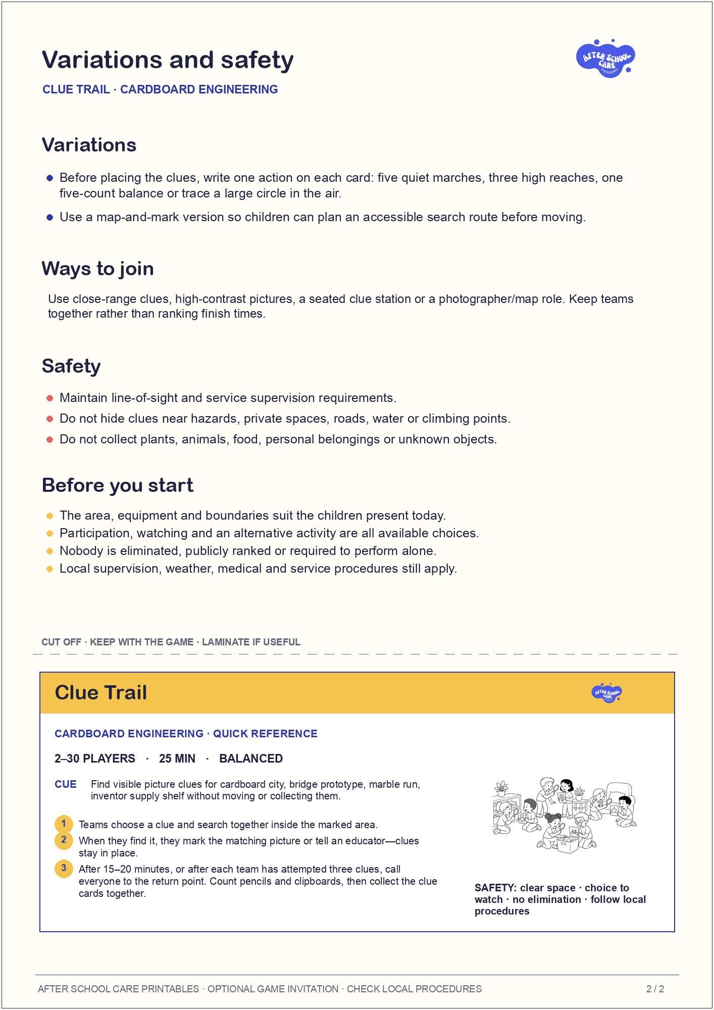 Clue Trail – Cardboard Engineering Printable Game variations and safety page preview
