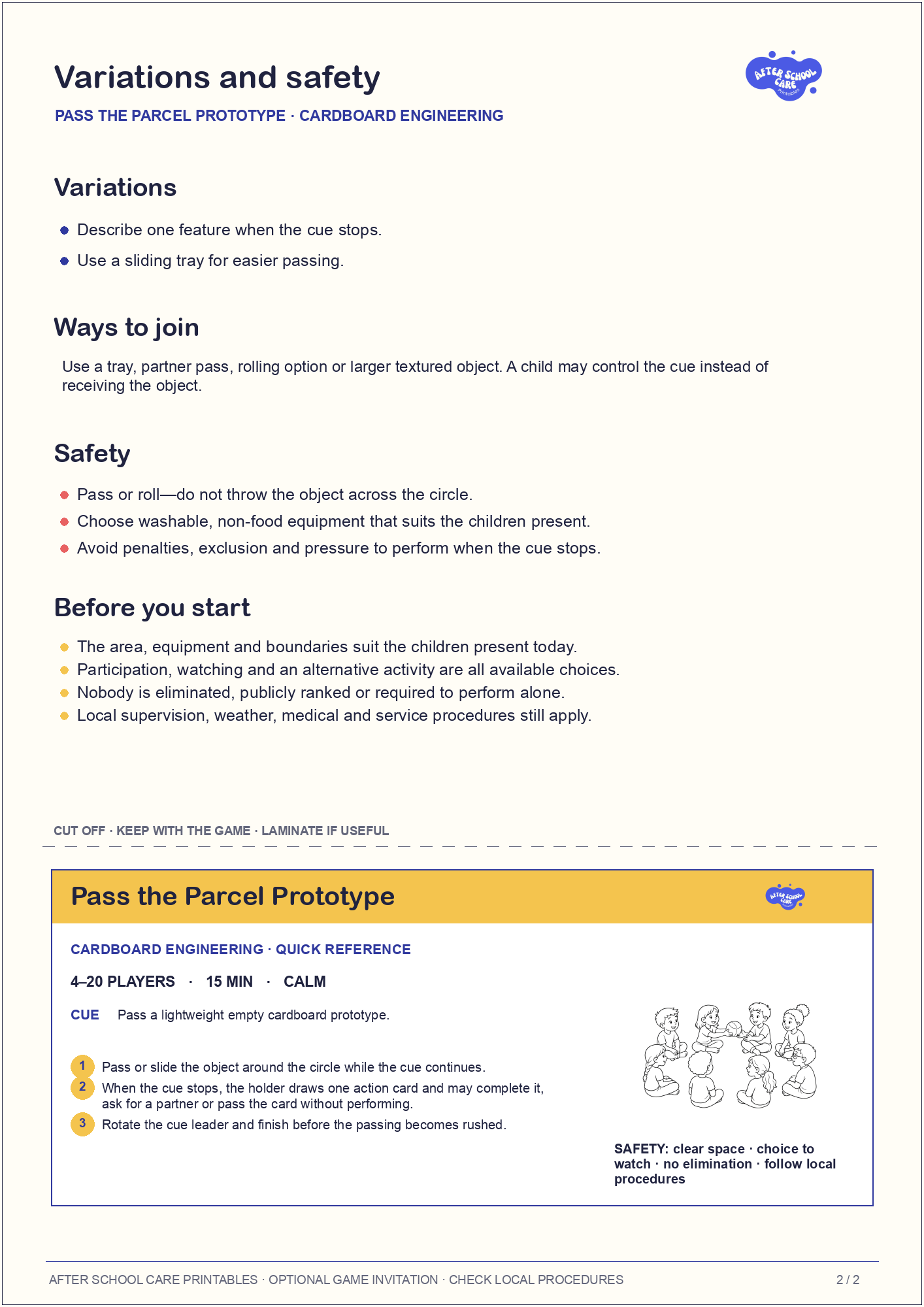 Pass the Parcel Prototype – Cardboard Engineering Printable Game variations and safety page preview