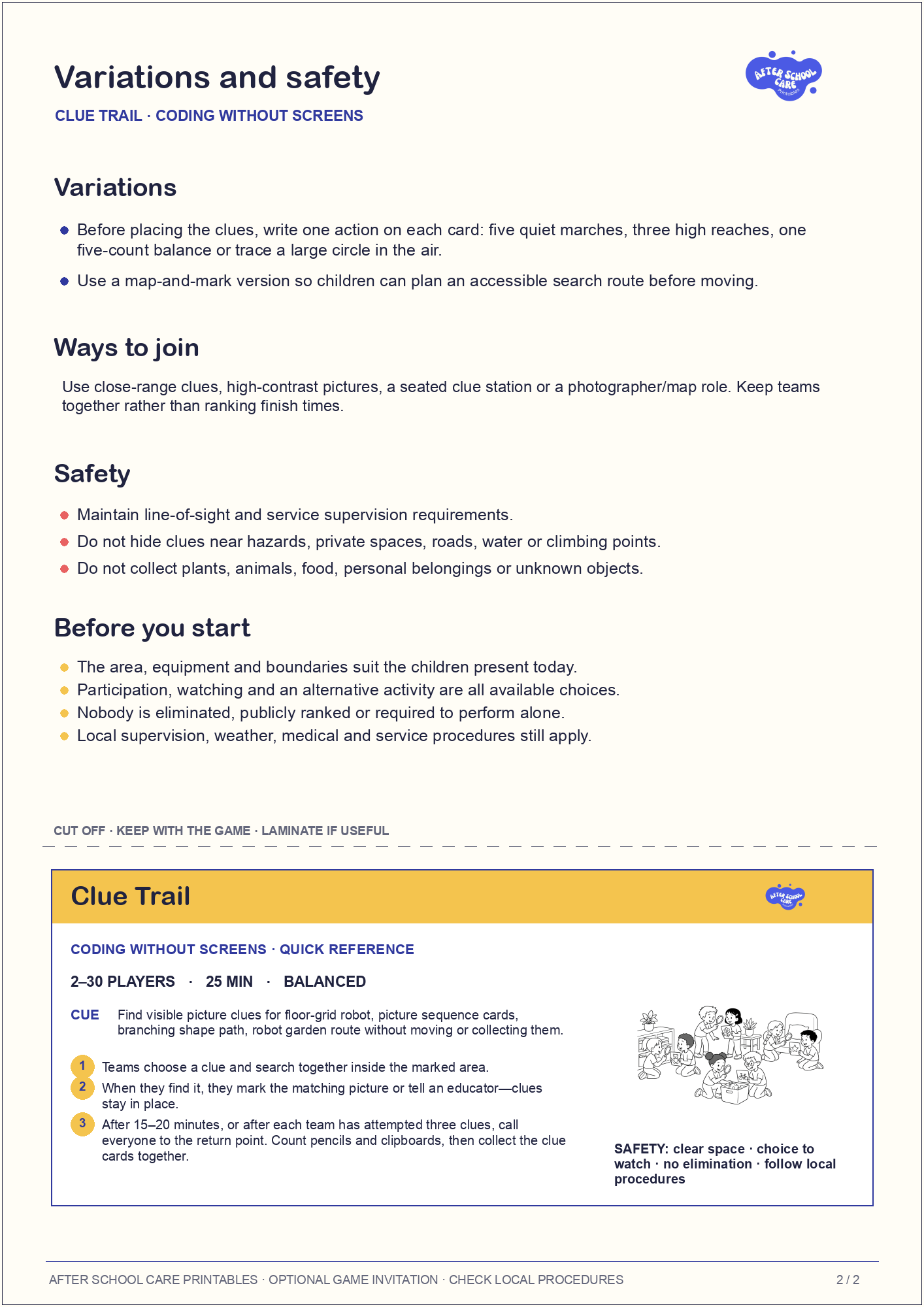 Clue Trail – Coding Without Screens Printable Game variations and safety page preview