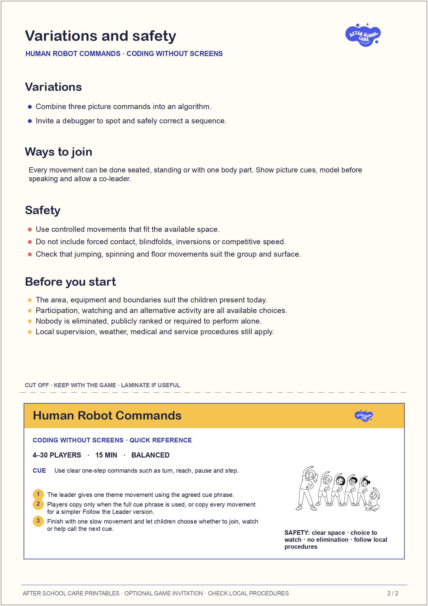 Human Robot Commands – Coding Without Screens Printable Game variations and safety page preview