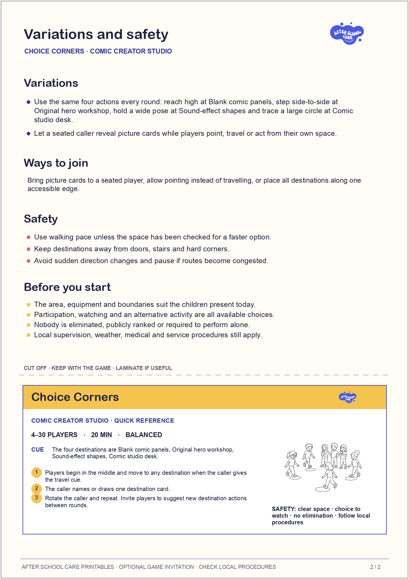 Choice Corners – Comic Creator Studio Printable Game variations and safety page preview
