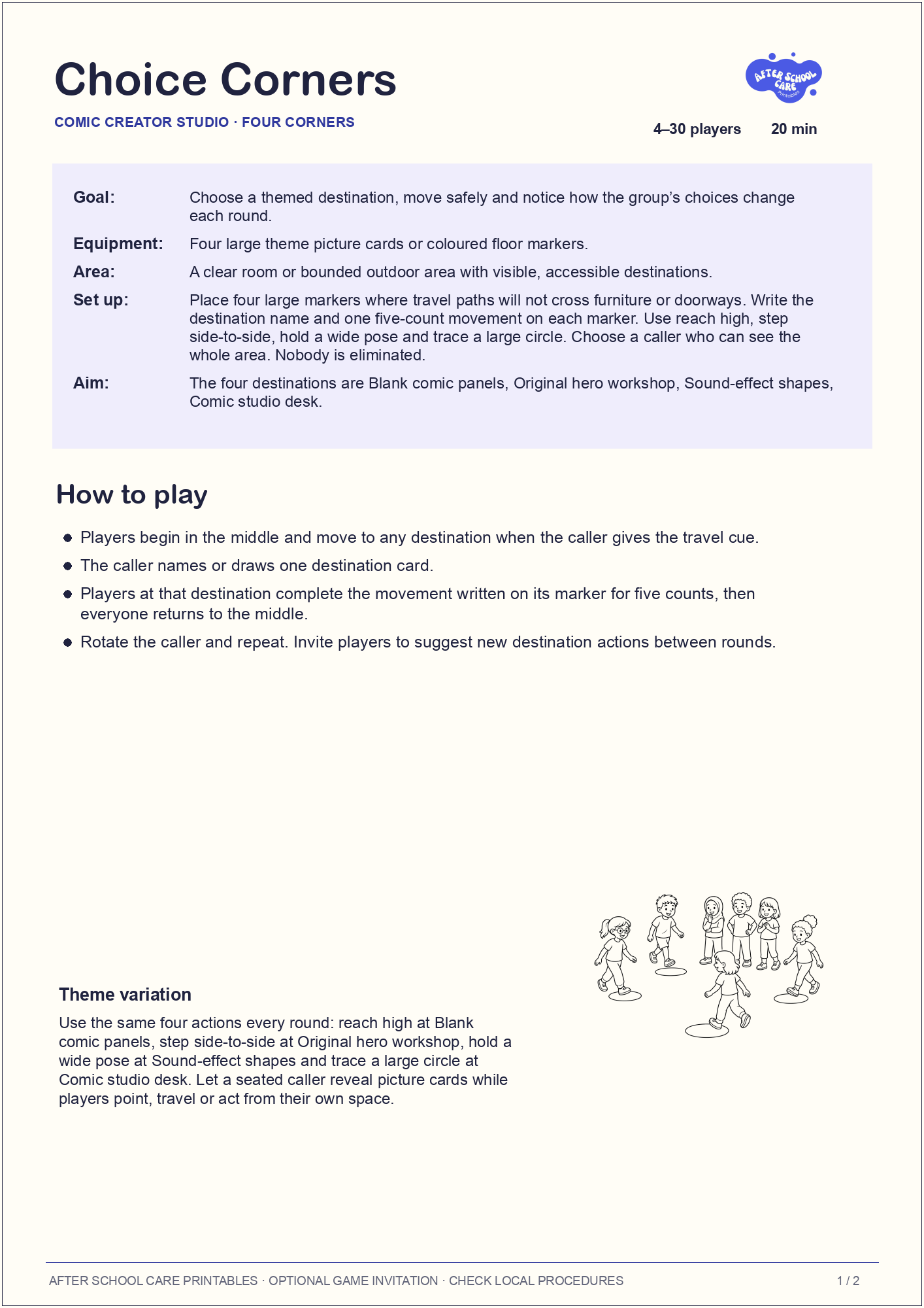 Choice Corners – Comic Creator Studio Printable Game rules page preview