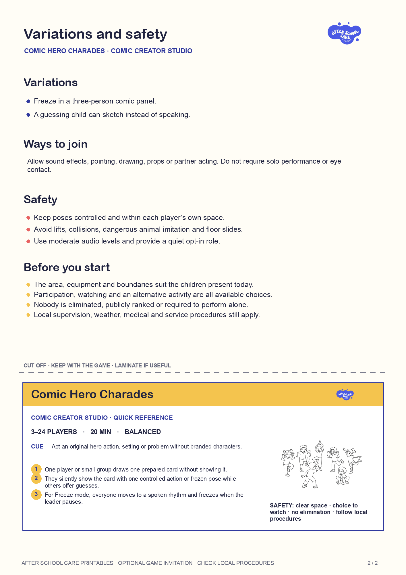 Comic Hero Charades – Comic Creator Studio Printable Game variations and safety page preview