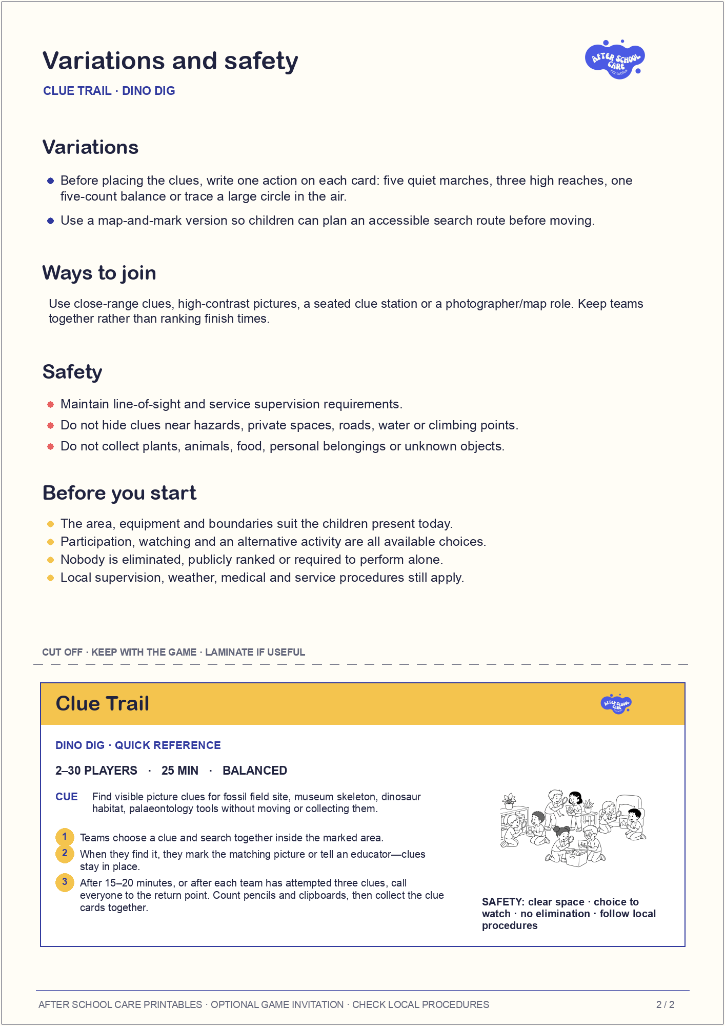 Clue Trail – Dino Dig Printable Game variations and safety page preview