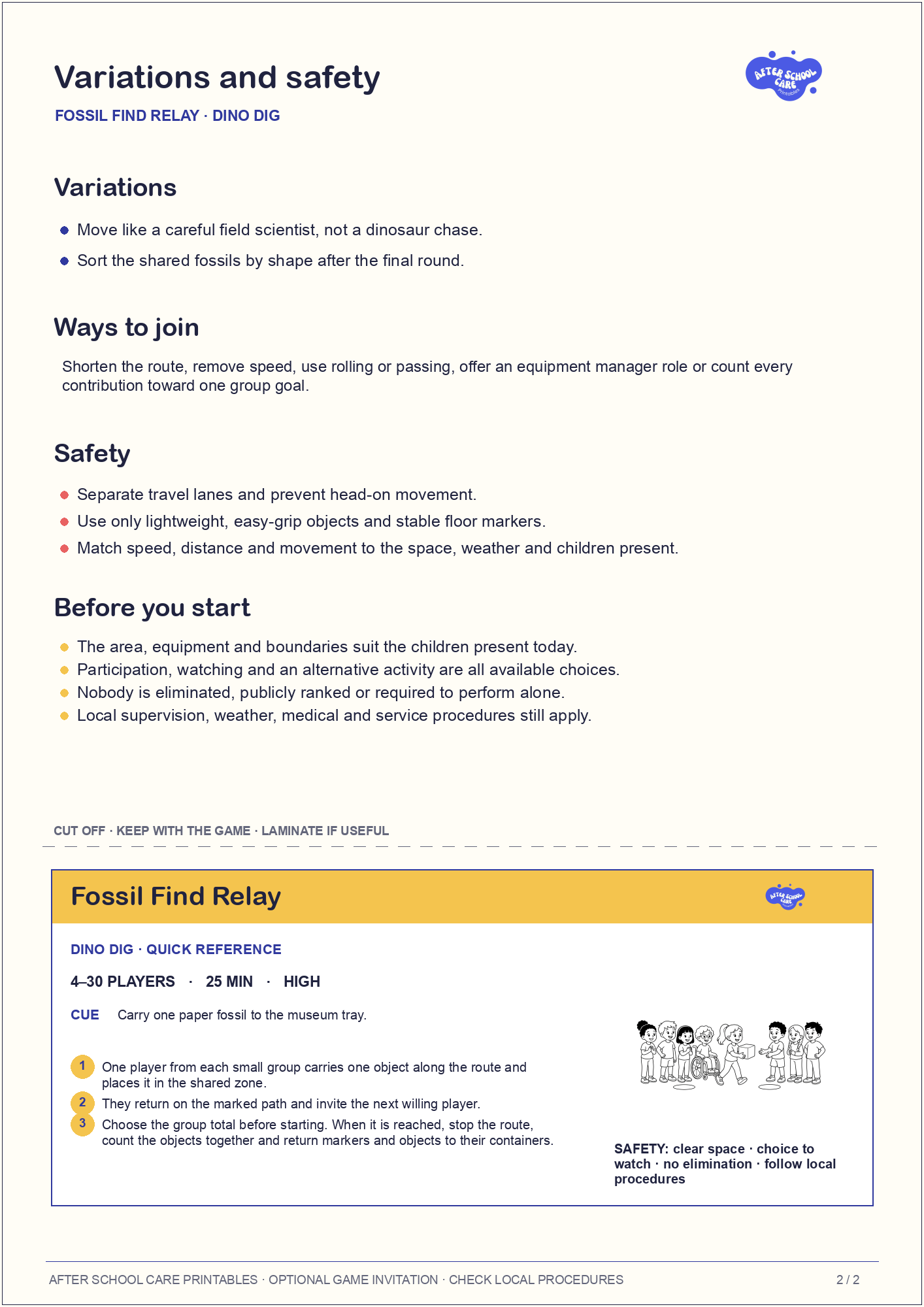 Fossil Find Relay – Dino Dig Printable Game variations and safety page preview