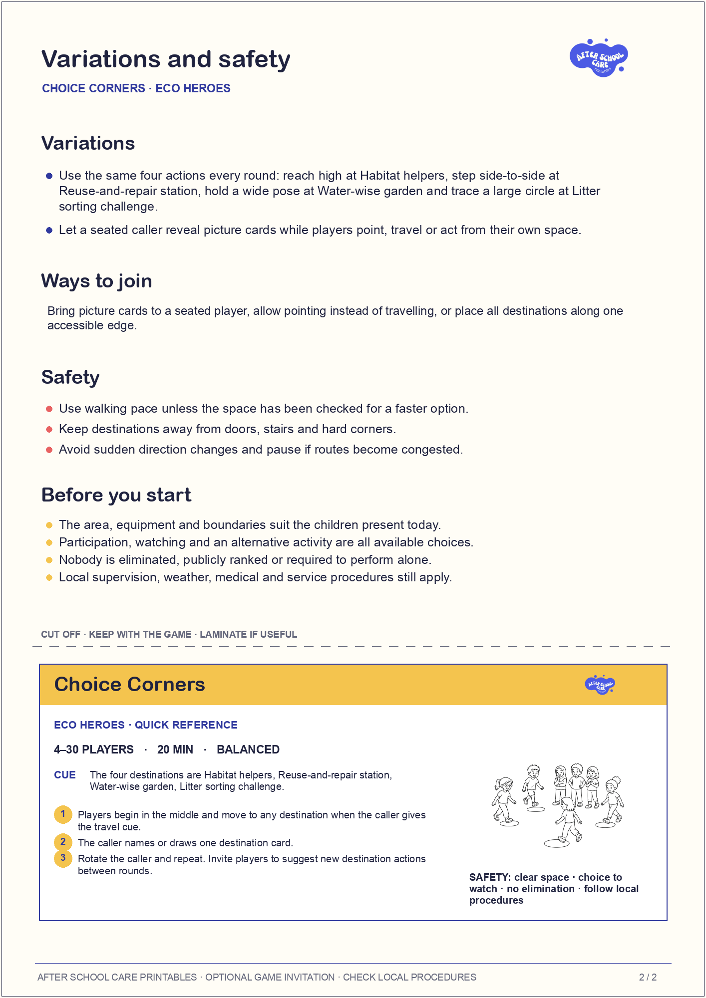 Choice Corners – Eco Heroes Printable Game variations and safety page preview
