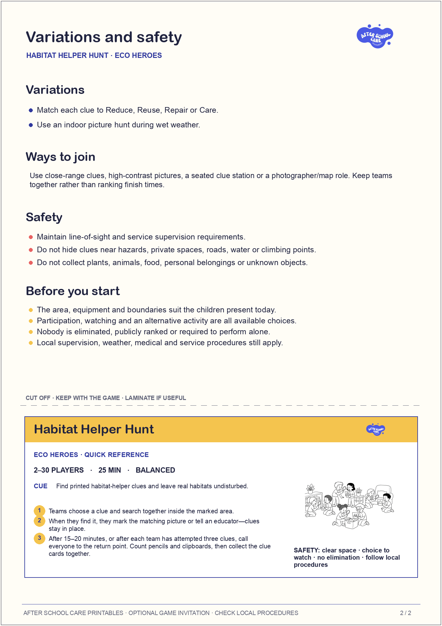 Habitat Helper Hunt – Eco Heroes Printable Game variations and safety page preview