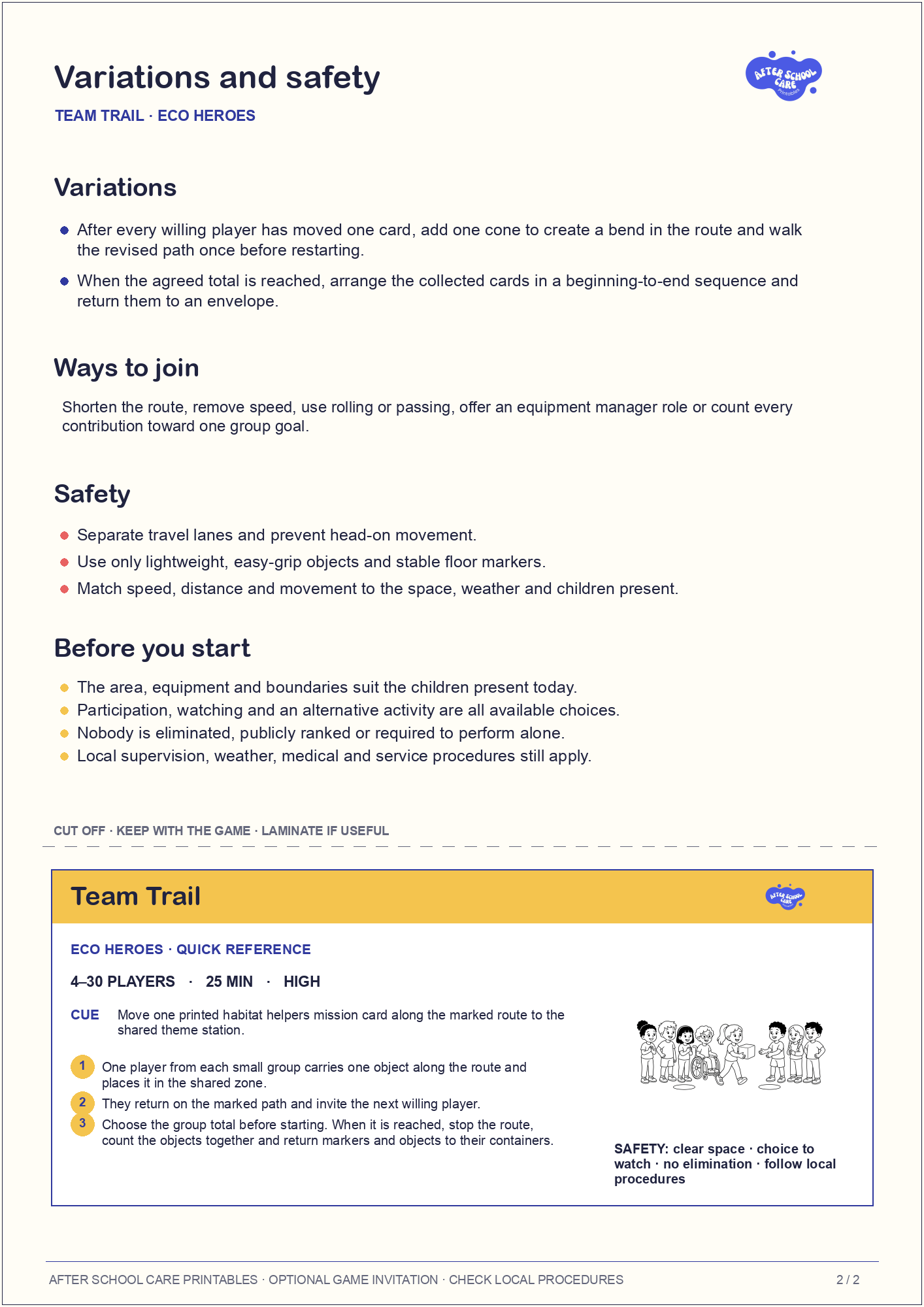 Team Trail – Eco Heroes Printable Game variations and safety page preview