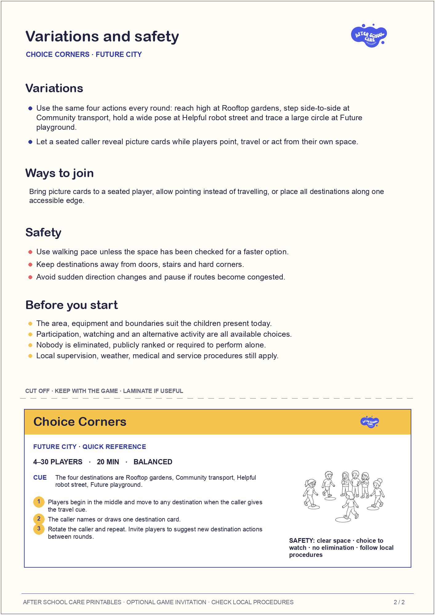 Choice Corners – Future City Printable Game variations and safety page preview