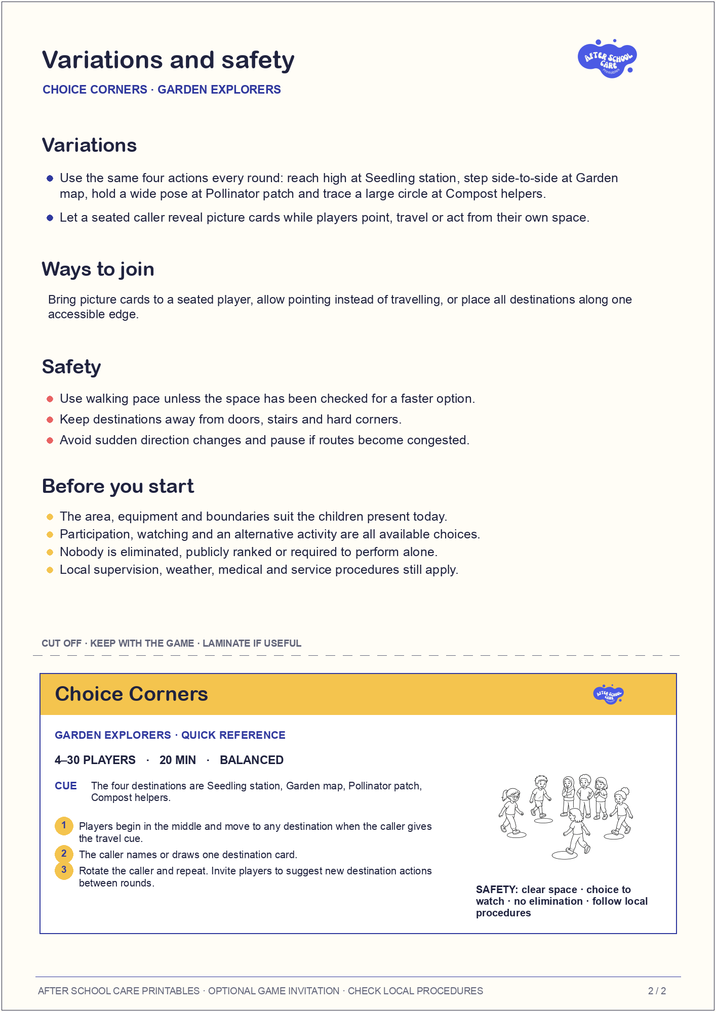 Choice Corners – Garden Explorers Printable Game variations and safety page preview