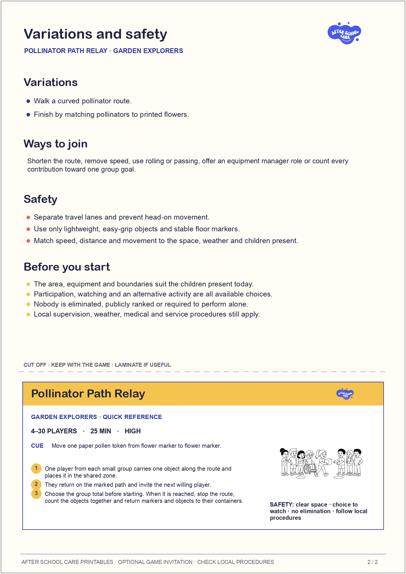 Pollinator Path Relay – Garden Explorers Printable Game variations and safety page preview