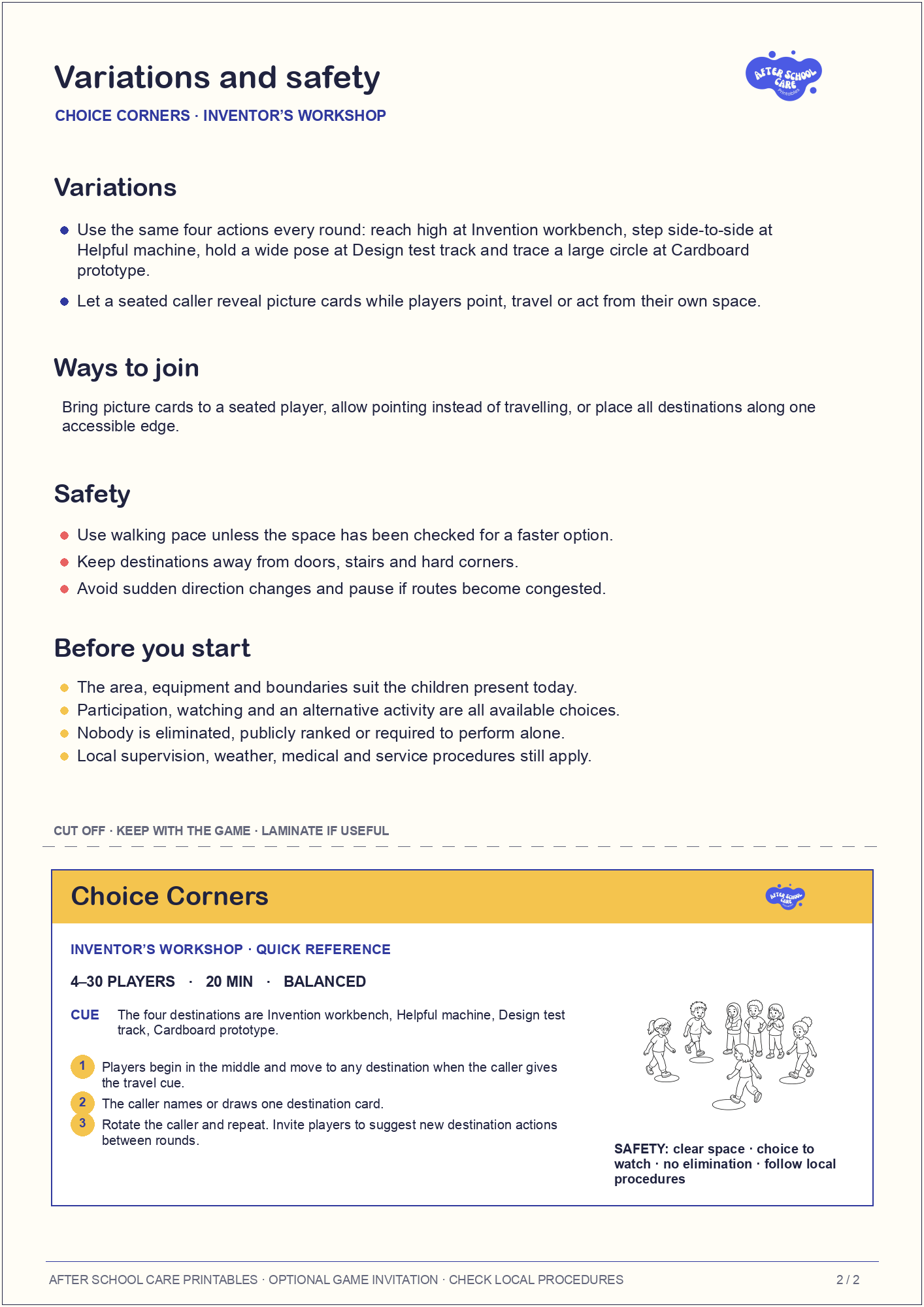 Choice Corners – Inventor’s Workshop Printable Game variations and safety page preview