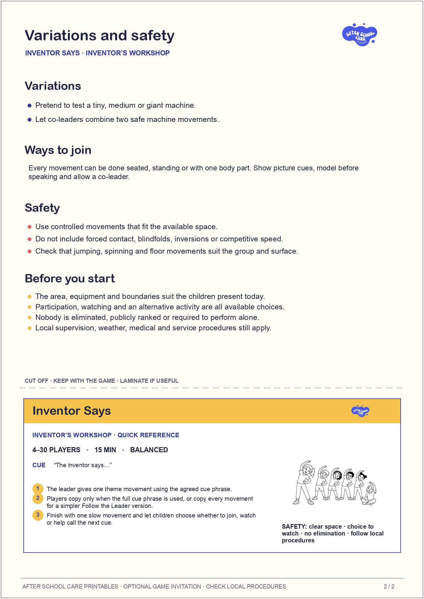 Inventor Says – Inventor’s Workshop Printable Game variations and safety page preview